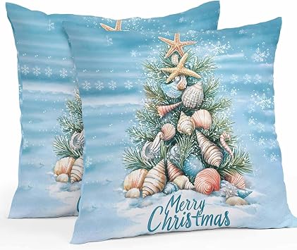 Blue Coastal Christmas Outdoor Waterproof Pillow Covers, Nautical Summer Beach Shell Conch Decorative Square Throw Pillowcase Sofa Cushion Sham for Patio/Couch/Chair, 18"x18" 2 Pack