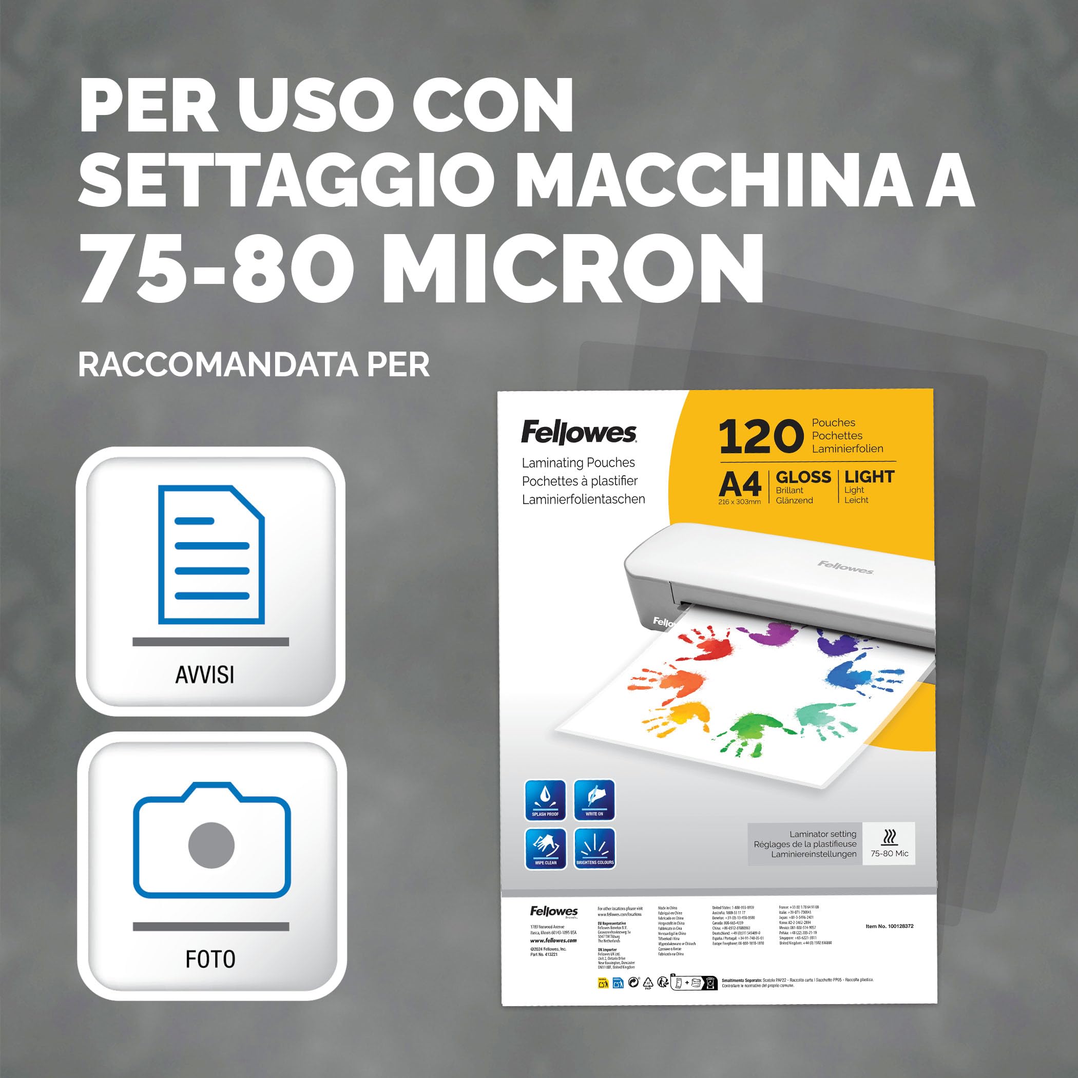 Fellowes Plastificatrice Sola A3, Formato A3, Fino a 125 Micron, Uso Domestico, con Leva di Sblocco e Modalità Riposo [ESCLUSIVA AMAZON] + Pouches A4 per plastificazione, Finitura lucida, 120 fogli