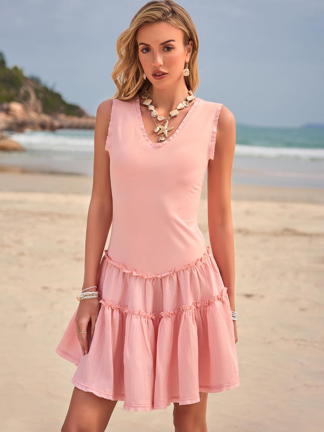 Womens Summer Mini Dresses Casual Ruffle Flowy Tiered Sleeveless Sundresses Swing A Line Beach Short Dress - Image 2