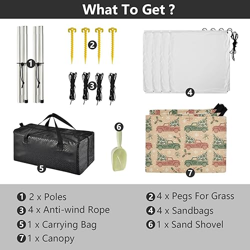 Miniatura 4 de Foldable Beach Cabana UPF50 Lightweight Sun Shelter with Sand Shovel for Camping, Fishing, Backyard Fun, Christmas Beige Vintage Trucks Trees