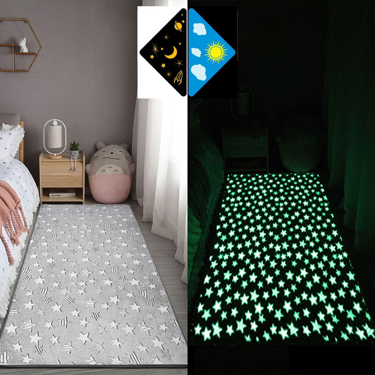 Single tree forest Glow-In-The-Dark Children'S Bedroom Bedside Carpet, Home Decoration Washable Play Rug, Crawling Mat-Gray Striped Stars-120 * 200cm