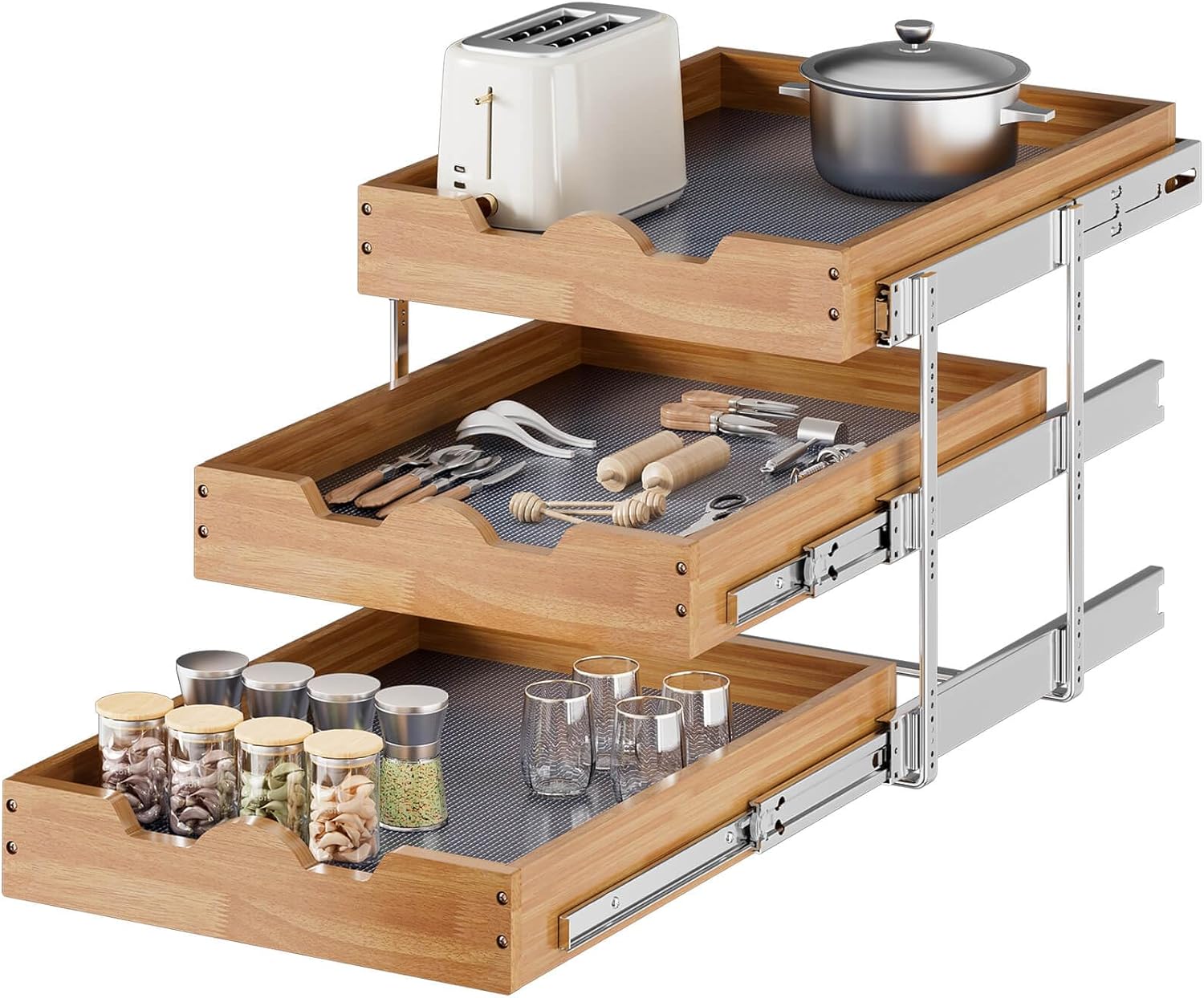 OCG Pull Out Drawer 20" W x 21" D, 3 Tier Pull Out Organizer, Heavy