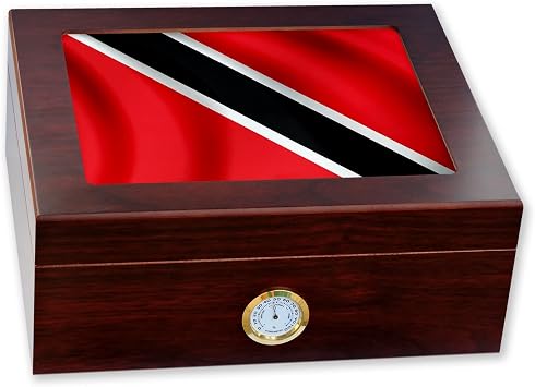 ExpressItBest Premium Desktop Humidor - Glass Top - Flag of Trinidad & Tobago - Waves Design - Cedar lined with humidifier & front mounted hygrometer.