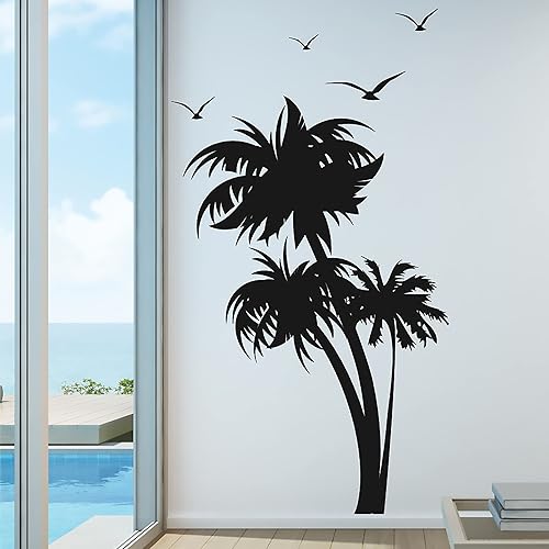 Innovative Stencils 1132 - Vinilo decorativo para pared con diseño de palmera y cocotero con pájaros gaviota, color blanco