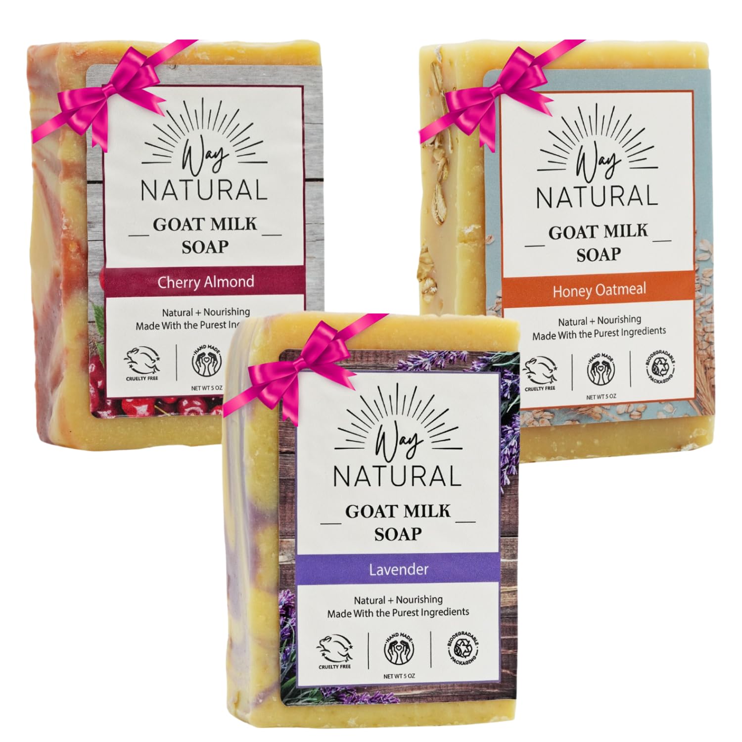 Goat Milk Soap Bar Variety 3-Pack (5oz Bars) - Lavender, Cherry Almond, Honey Oatmeal - Cold Process, Natural Goat Soap for Hands & Body, Women & Men - Handmade, Gentle, No Dyes, USA Made