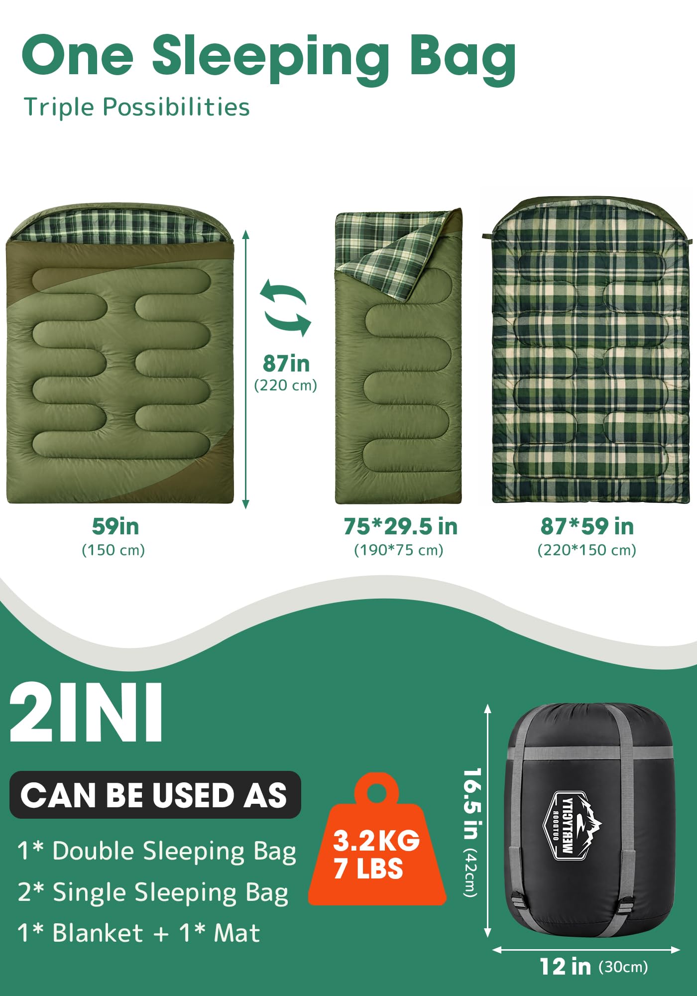 Saco de Dormir Doble de Franela de algodón con 2 Almohadas para Adultos y niños, Camping, 3 Estaciones, Saco de Dormir para Dos Personas, Ligero, Impermeable, con Saco de compresión, tamaño