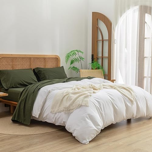 Miniatura 2 de BESTOUCH Juego de sábanas 100% algodón lavado, tacto súper suave, cómodo, elegante, ligero, juego de ropa de cama de 3 piezas, color verde oliva,