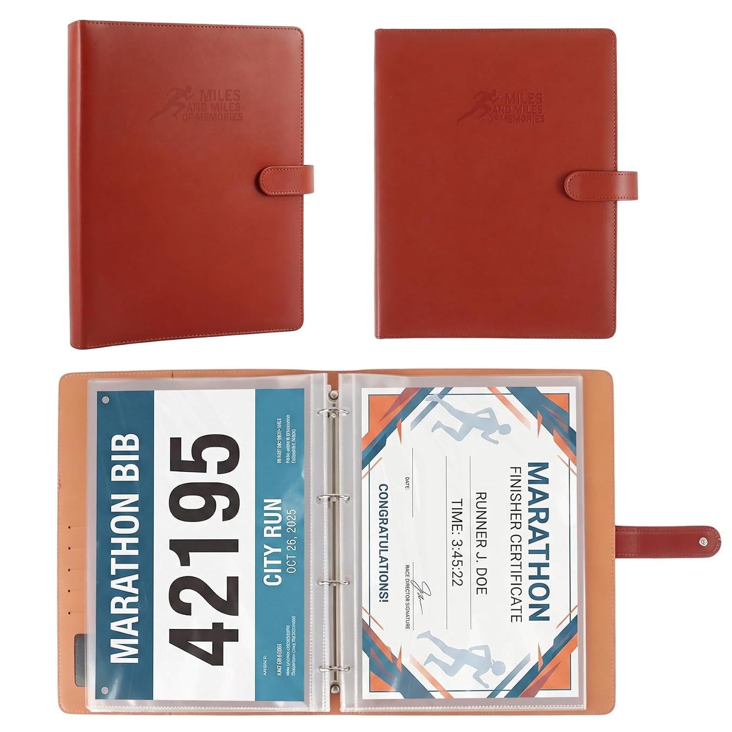 Klmnop Race Bib Memory Album Book with 40 Protective Sleeves for Runners, PU Leather Marathon Running Numbers Organizer, Race Bib Album for Collection(Brown)
