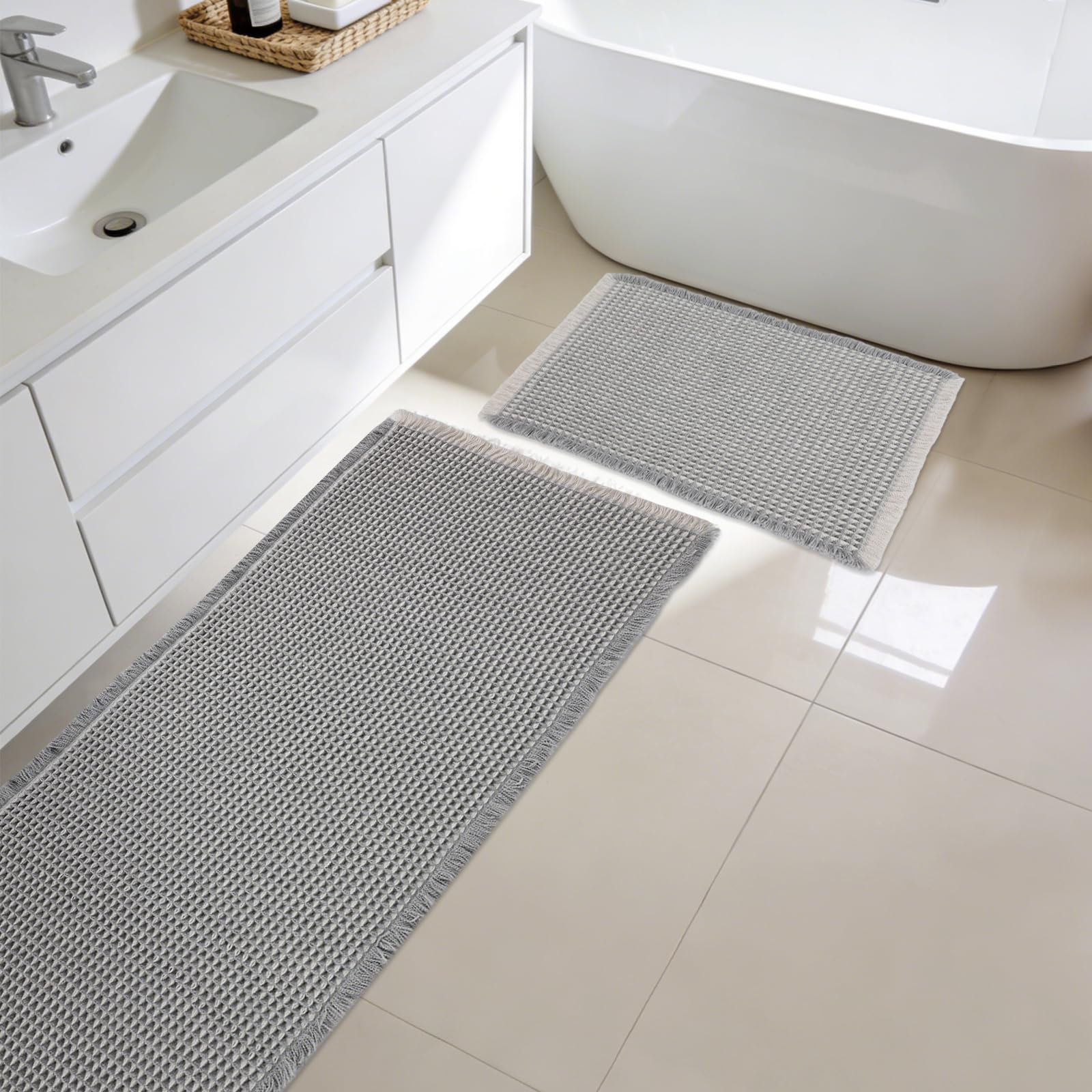 Alfombrillas de baño para zonas de ducha y bañera grandes suaves gris y blanco