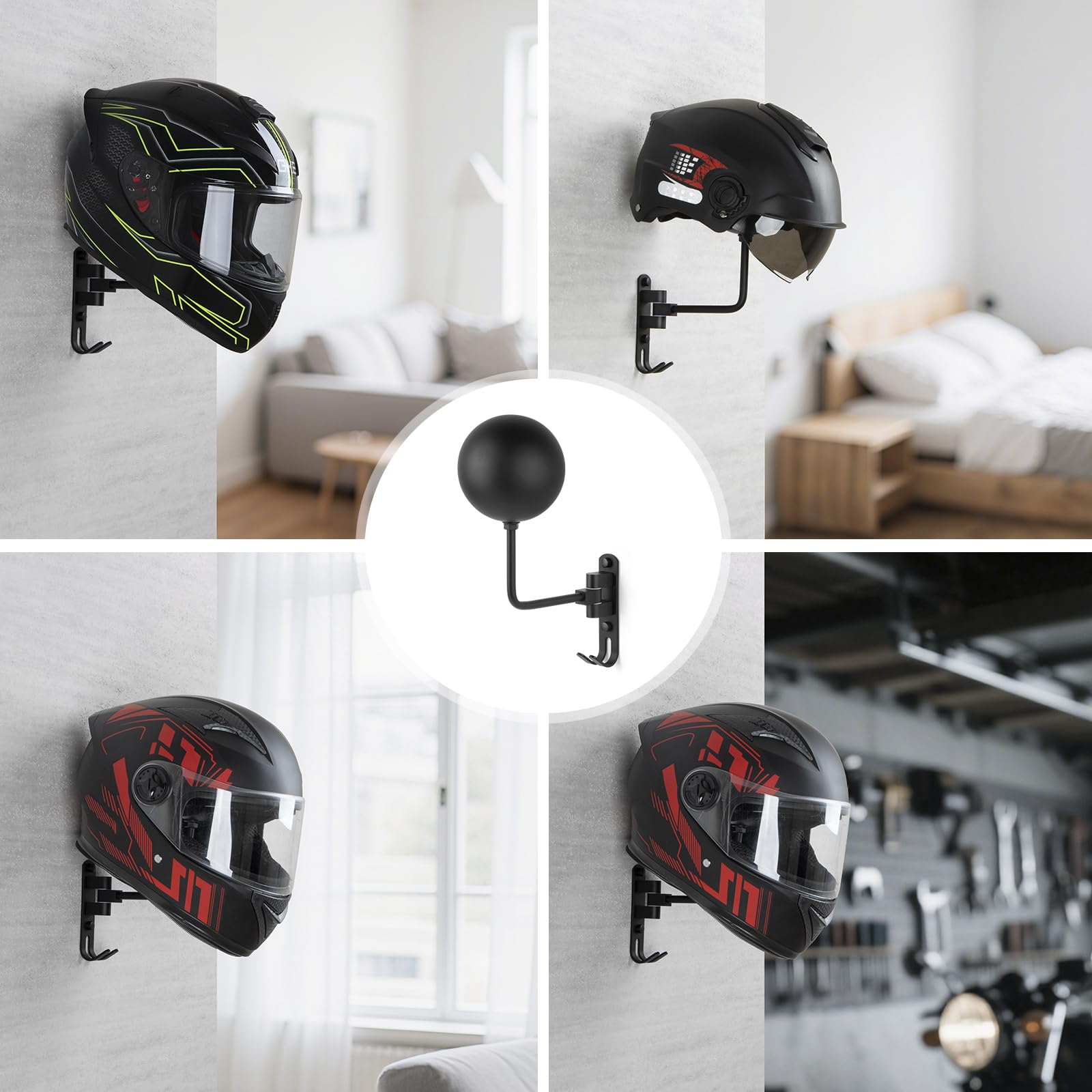 PUERSI Support Mural pour Casque de Moto, Porte Casque pour Vélo et Moto Pivotant à 180° avec 2 Crochets, pour Accrocher Chapeaux, Manteaux et Clés