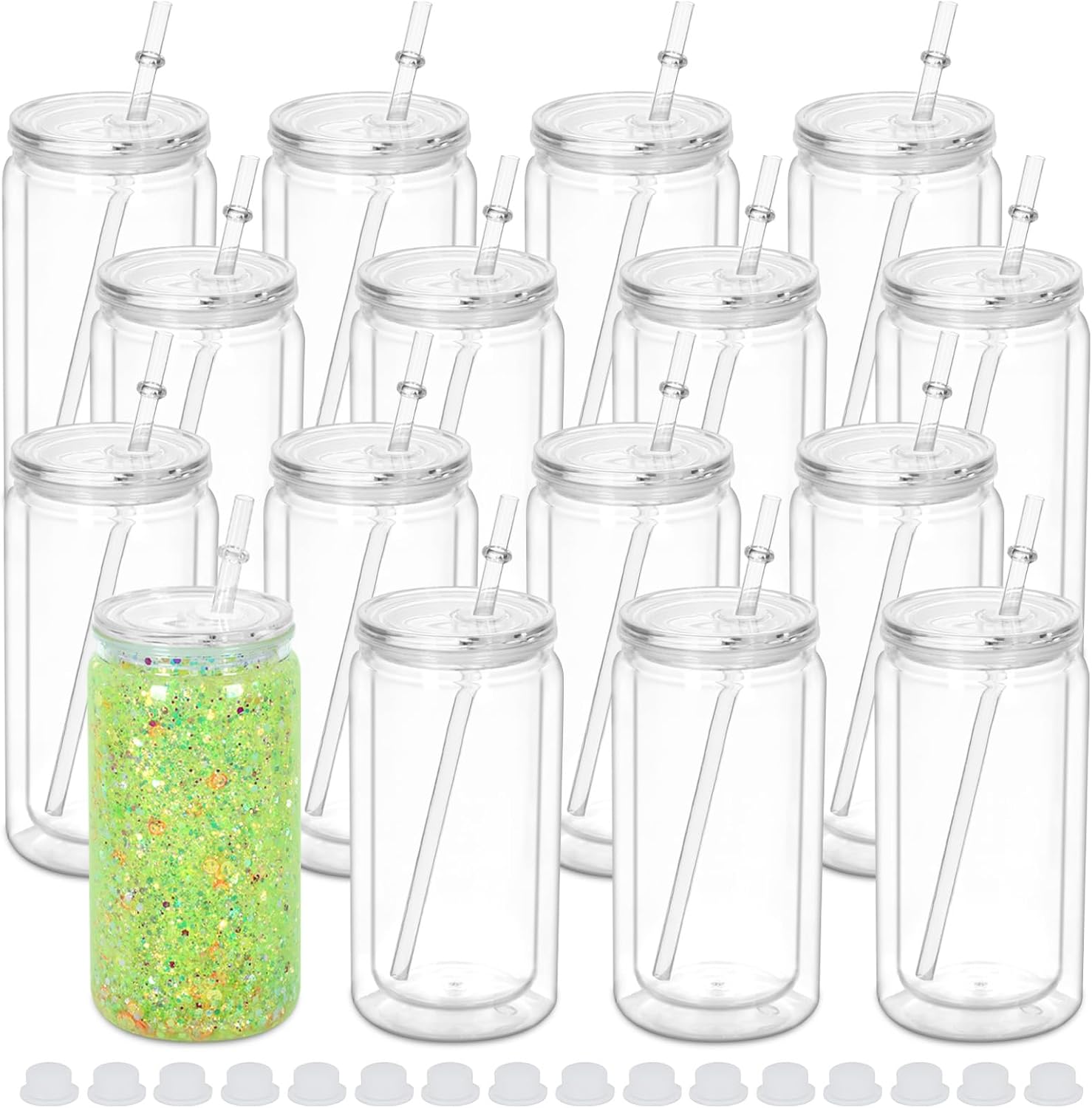 16 oz Plastic Snow Globe Tumbler, 16 Pack Double Wall Snowglobe Tumbler with Pre Drilled Hole, Plastic Mason Jar Cups Can for Snow Globe Glitter DIY (Clear)
