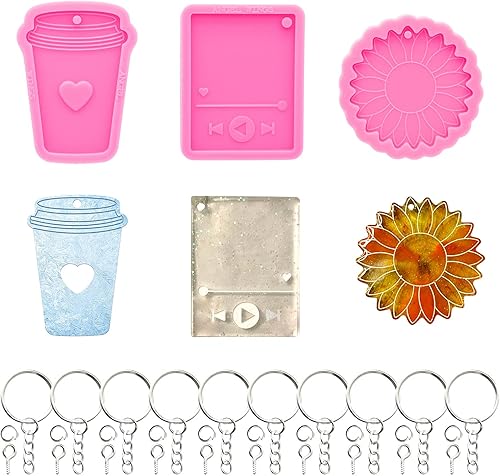 Kit de moldes de resina de silicona de 43 piezas – Sun Flower Media Player forma de taza de café con agujero llavero molde chocolate caramelo