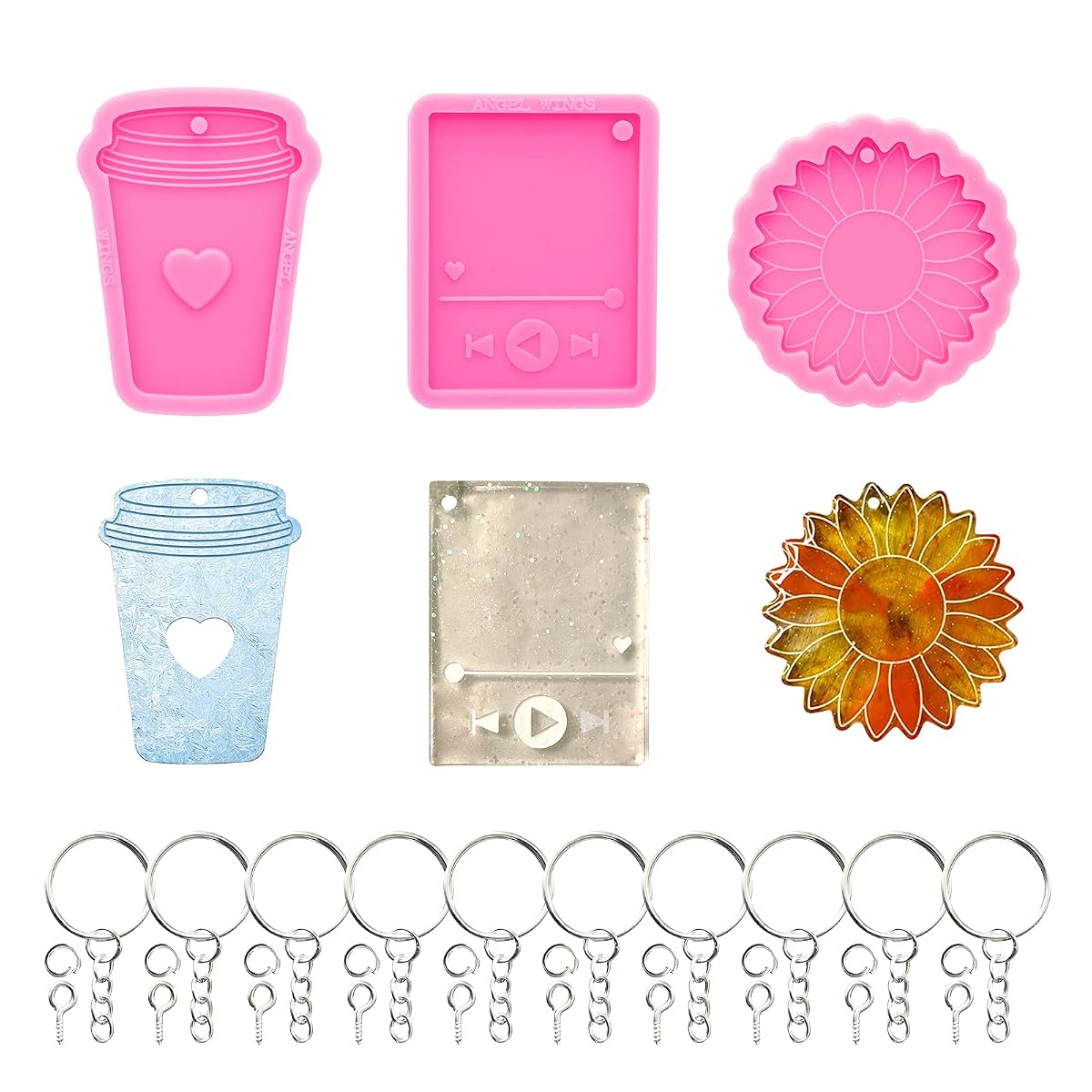 3Pcs Silicone Molds Sun Flower Media Player Coffee Cup Shape with Hole Keychain