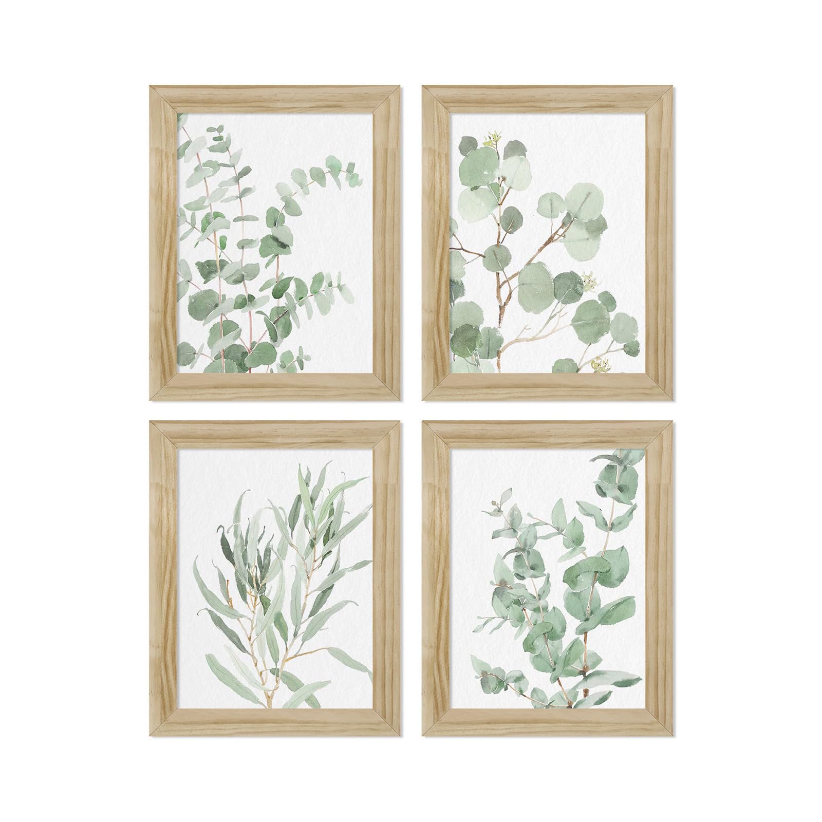 Botanical Plant Wall Art Prints: Sage Green Eucalyptus Picture Decor 4 Piece Framed Boho Leaves Poster for Bathroom Bedroom Living Room Home
