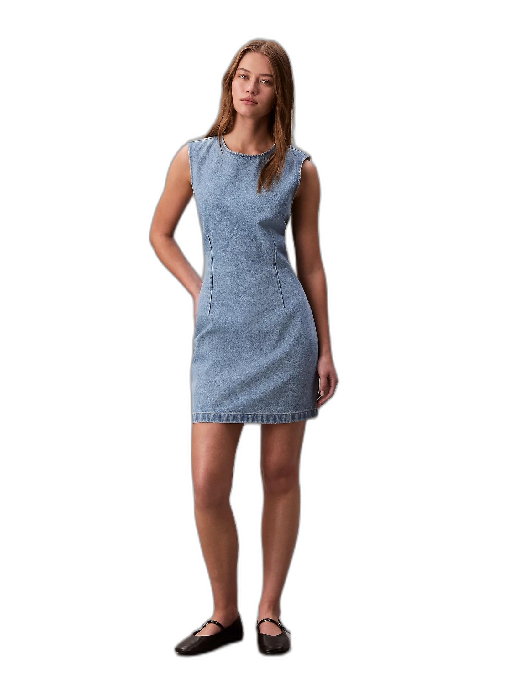 Kadın Regular Fit Yuvarlak Yakalı Sırt Dekolte Detaylı Kolsuz Mini Pamuklu Denim Mavi Elbise LV047C736G-X26