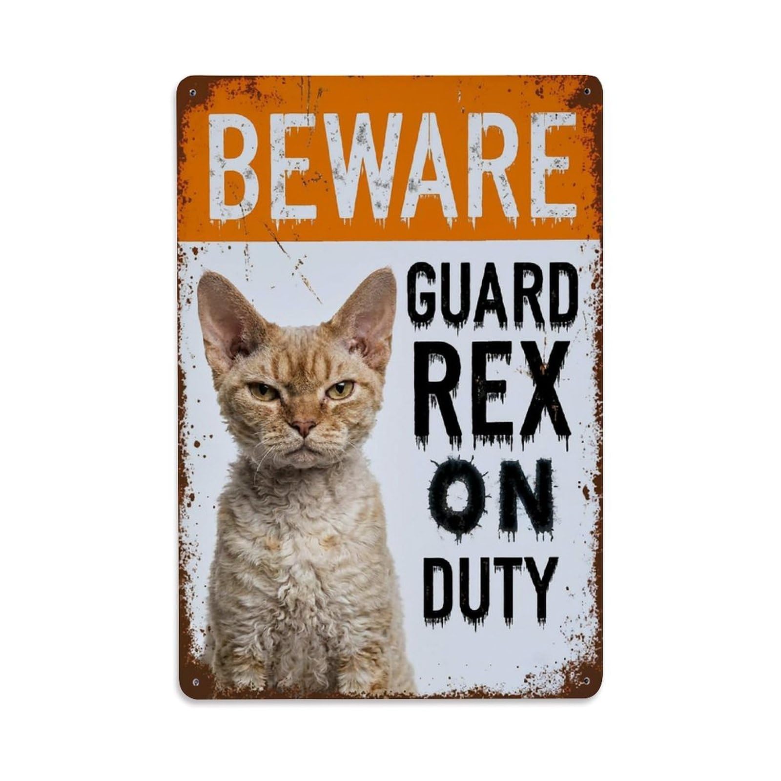 Vintage Funny Rex Guard Beware of Cat Foyer Metal Tin Sign Plaque Wall Decor for Cafe, Club Bar, Office, Garden Metal Poster 8x12Inch