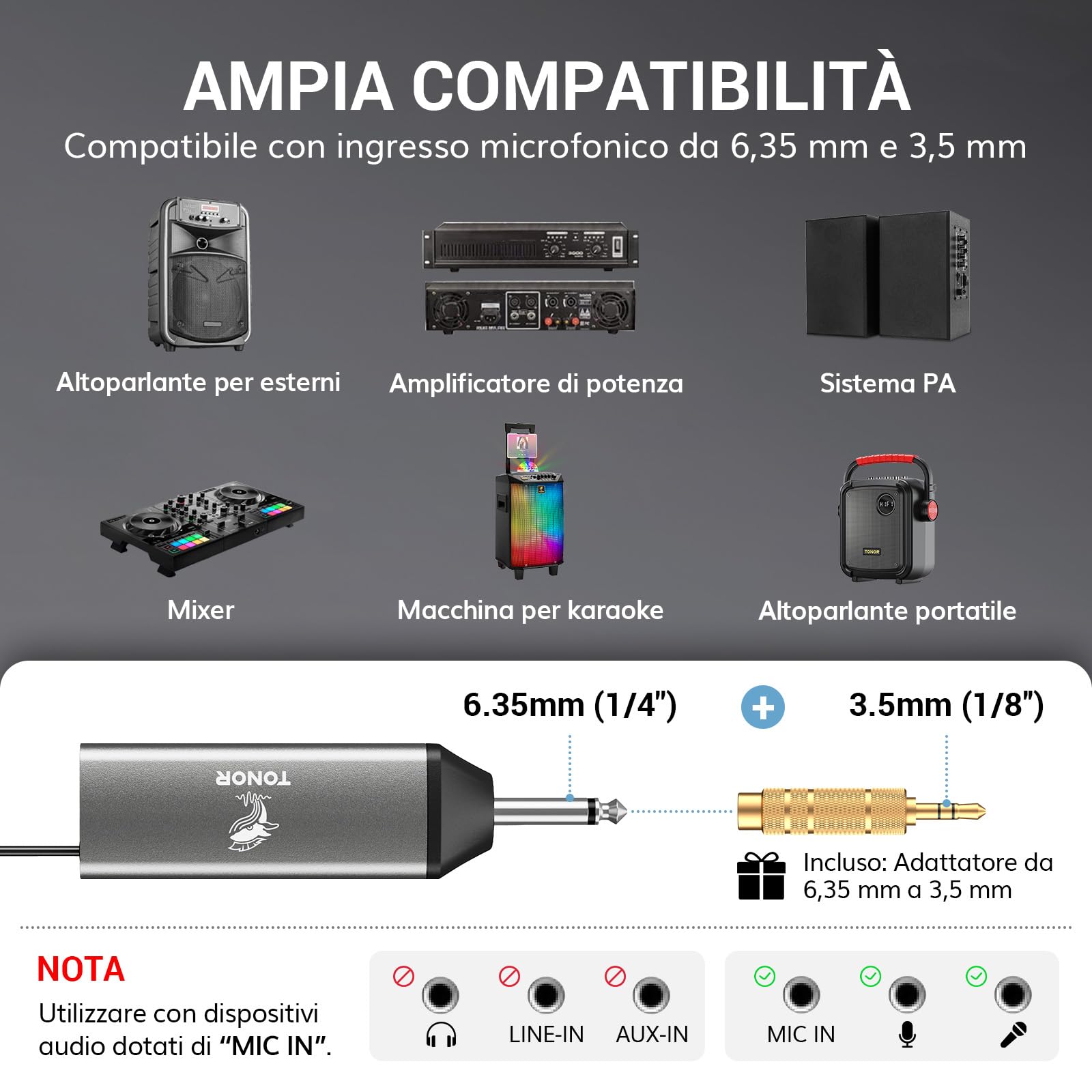 TONOR Microfono Wireless, Microfono Ricaricabile Professionale, Microfono Dinamico Cordless in Metallo 2x100 UHF per Karaoke, Chiesa, Canto, Matrimonio, Riunione, DJ, Volume Regolabile, 80 M,TW520