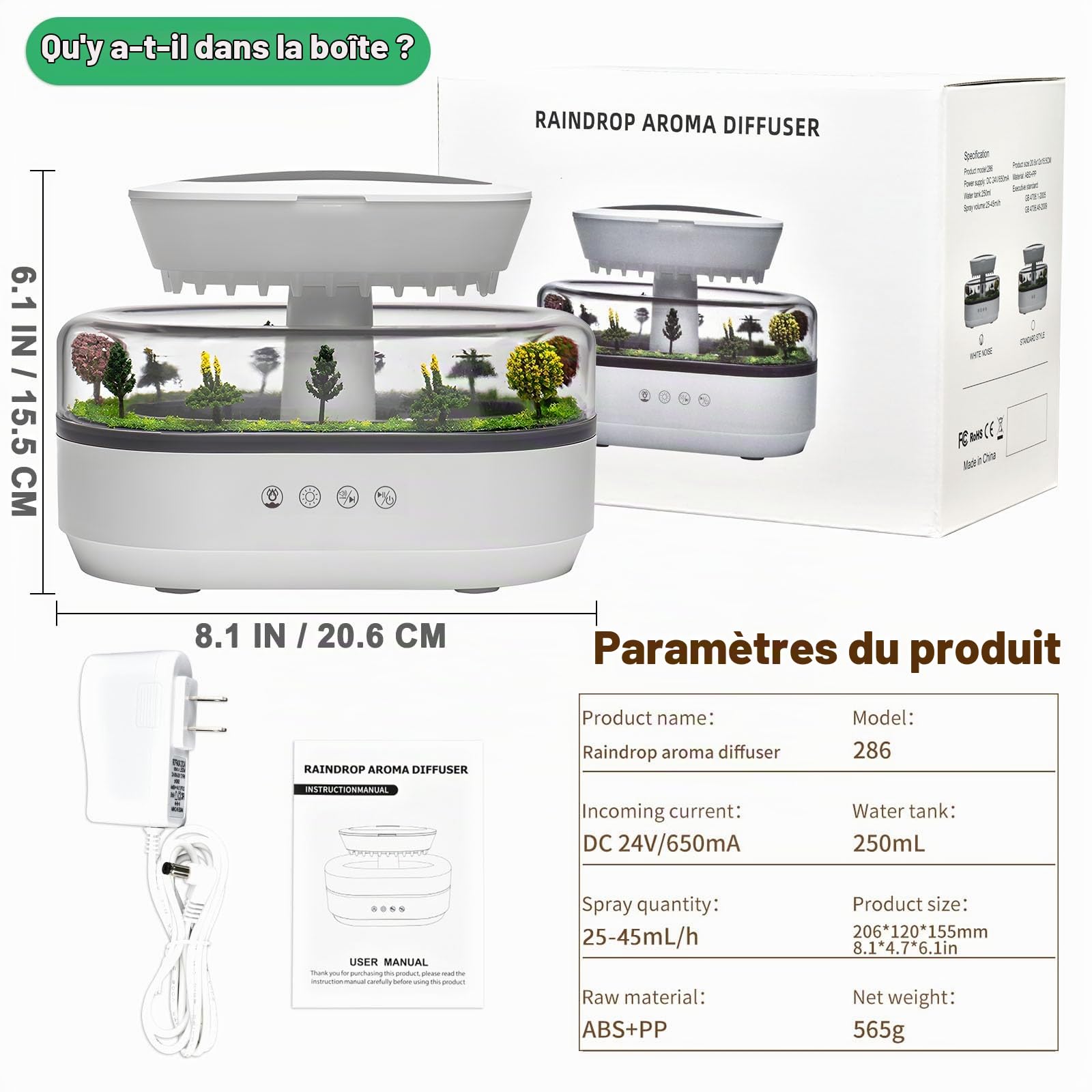 Diffuseur d'arômes avec veilleuse 7 Couleurs, humidificateur Rain Cloud 250 ML, diffuseur d'huiles essentielles avec Lampe Champignon Goutte d'eau, Bruit Blanc (Blanc)