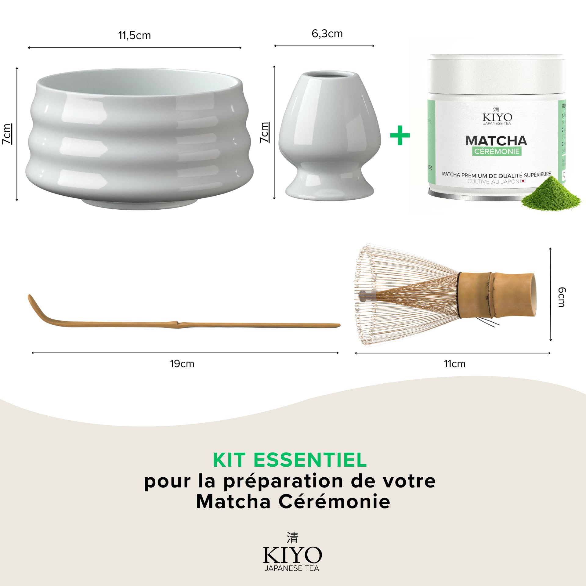 KIYO Kit Matcha Complet Blanc – Fouet Chasen 100 Brins, Bol Chawan Céramique, Cuillère & Support | Matcha Cérémonial Japonais | Coffret Cadeau Premium