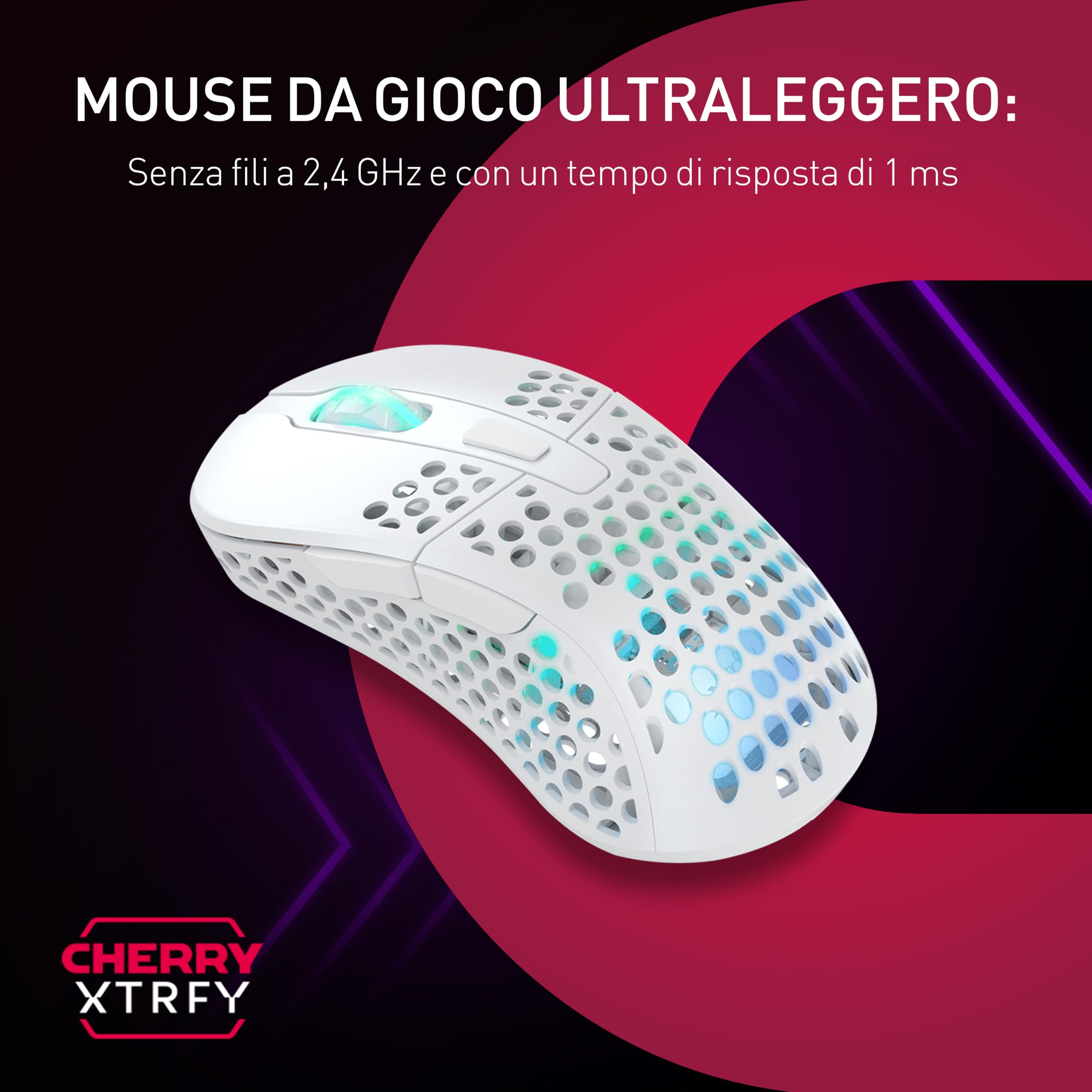 Xtrfy M4 Wireless, Mouse da Gioco Ultraleggero Senza Fili, Ottimizzato per Gaming Competitivo, Wireless 2,4 GHz, Illuminazione RGB, Mouse Ergonomico per Destrimani Adattabile Ricaricabile, Bianco