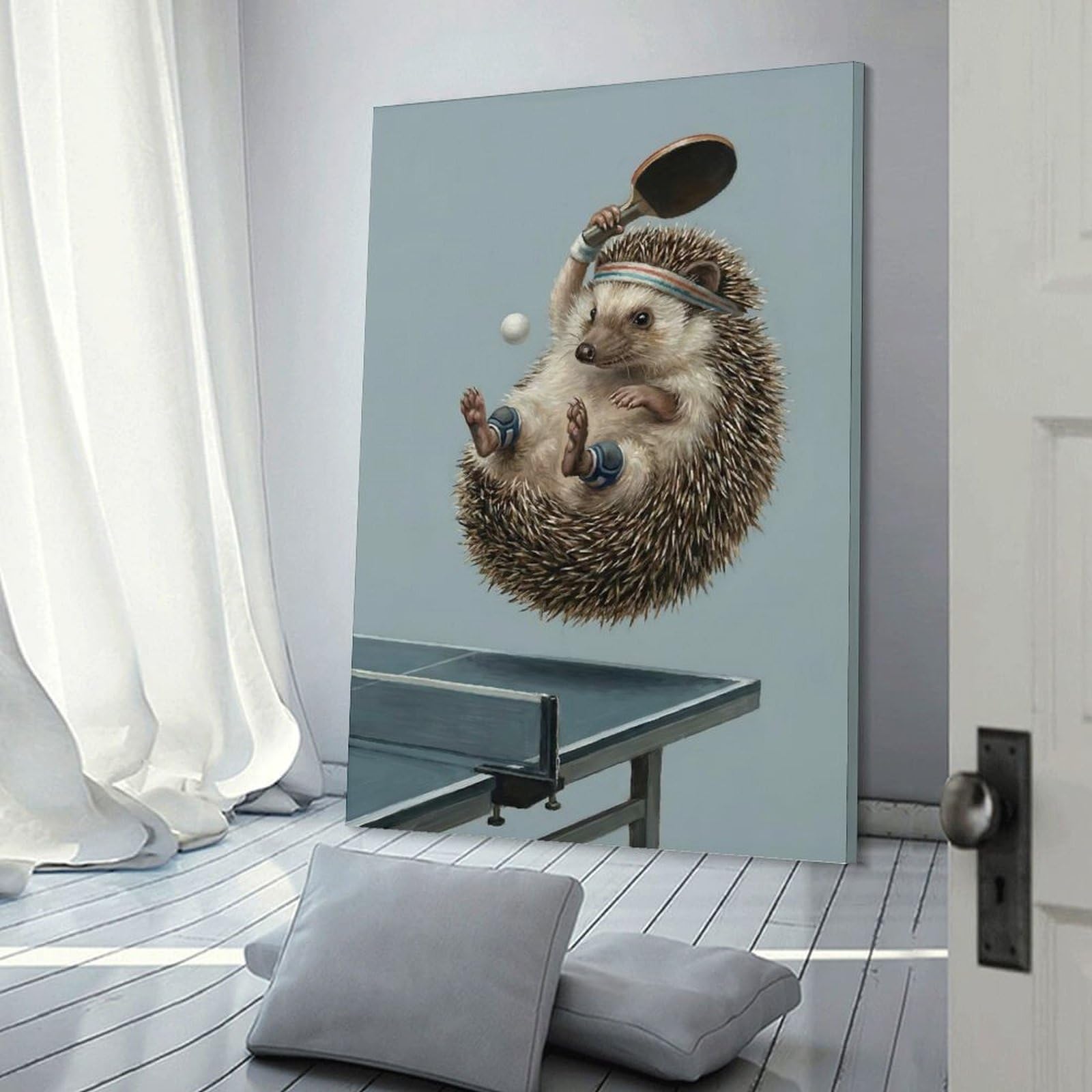 Junmoney Hedgehog Playing Table Tennis Illustration Room Decor Wall Art, 20x30inch(50x75cm), for Living Room, Lounge Or Sitting Room, A Home Accent with Warm Character