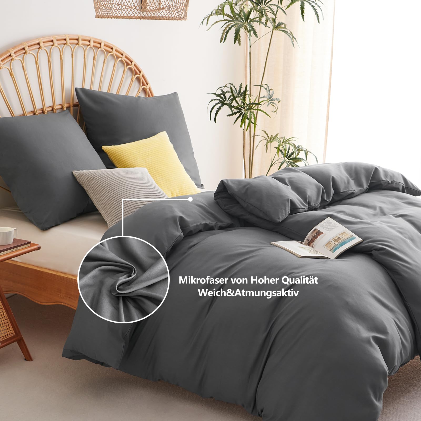 WAVVE Bettwäsche 135x200 4teilig Grau - Anthrazit Bettbezüge 135 x 200 2er Set mit 2 Kissenbezüge 80x80 cm, Bettwäsche-Sets 135x200cm aus Mikrofaser mit Reißverschluss Weich