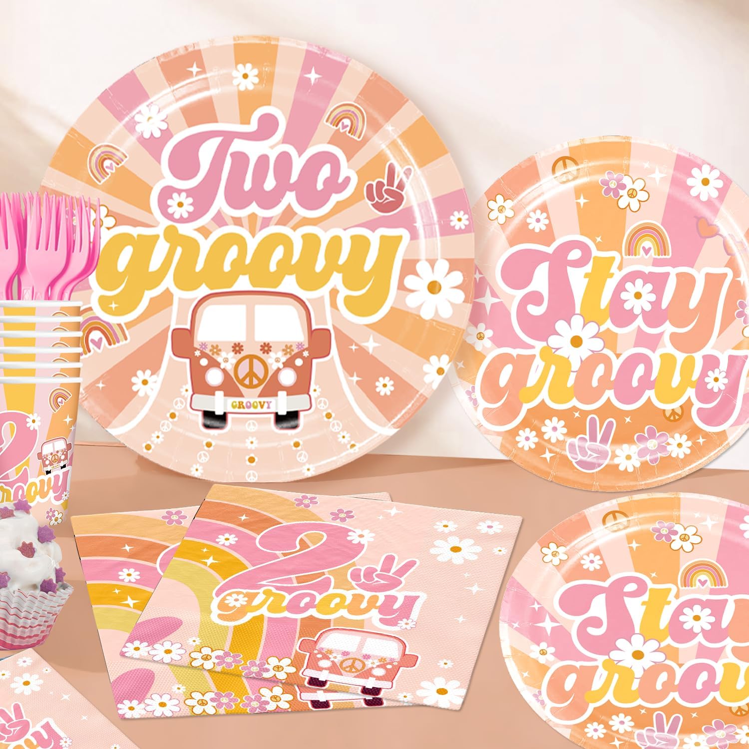Cocomigo 237pcs Two Groovy Birthday Decorations, One-stop Balloon Arch Tableware Set Includes 40 Thickened Plates 1 Backdrop 2 Tablecloths and 107 Balloons for 2nd Birthday