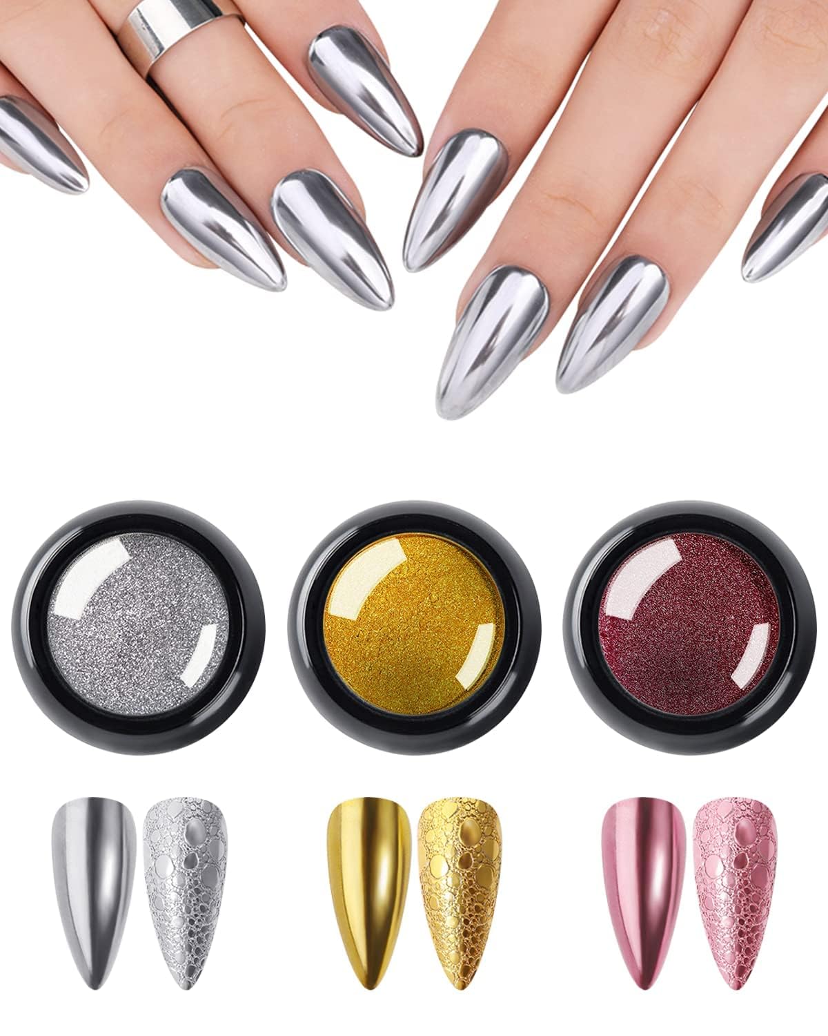 Savni 3 Colors Chrome Nail Powder Set Reflective Glitter Metallic Mirror Effect for Nails Art Design 3D Holographic Silver Rose Gold Pigment Flash Light Crome Paillette Dust (RSG Powder)