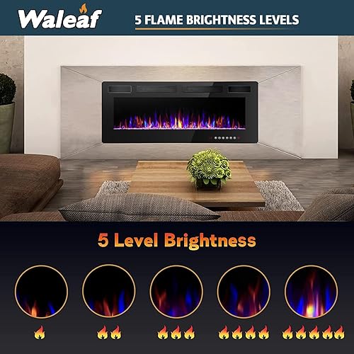 Miniatura 5 de Waleaf Chimenea eléctrica de 50 pulgadas montada en la paredempotrada, calentador de chimenea con llama multicolor, temporizador de bajo ruido