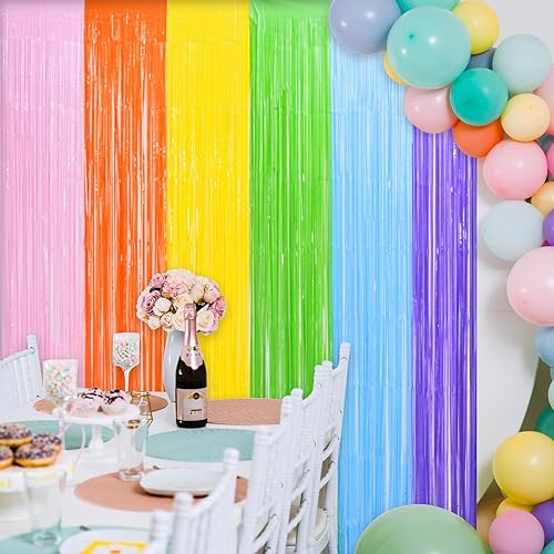 Miniatura 6 de LOLStar Candyland - Decoraciones de fiesta, paquete de 2 cortinas de flecos de aluminio de arcoíris pastel de 3.3 x 6.6 pies, cortinas de oropel