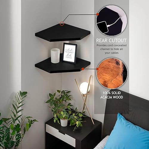 Miniatura 4 de Demigo Estante esquinero para montaje en pared, juego de 2 estantes flotantes de madera de acacia maciza de 11.8 x 16.5 pulgadas, suaves y