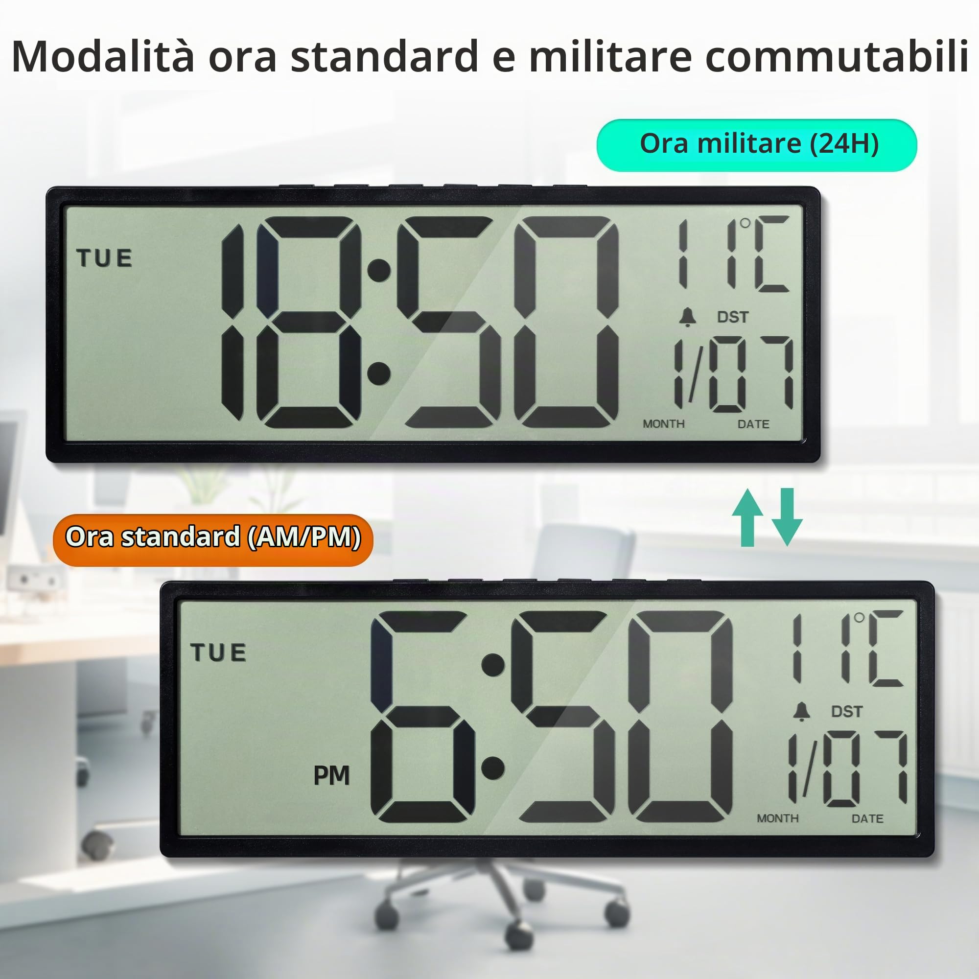 Orologio Da Parete Digitale, 15" Orologio Digitale Da Parete Grande Con Data E Giorno Della Settimana, Temperatura, Cambio Automatico Dell'Ora Legale, 12/24 Ore, Allarme, Funzione Snooze