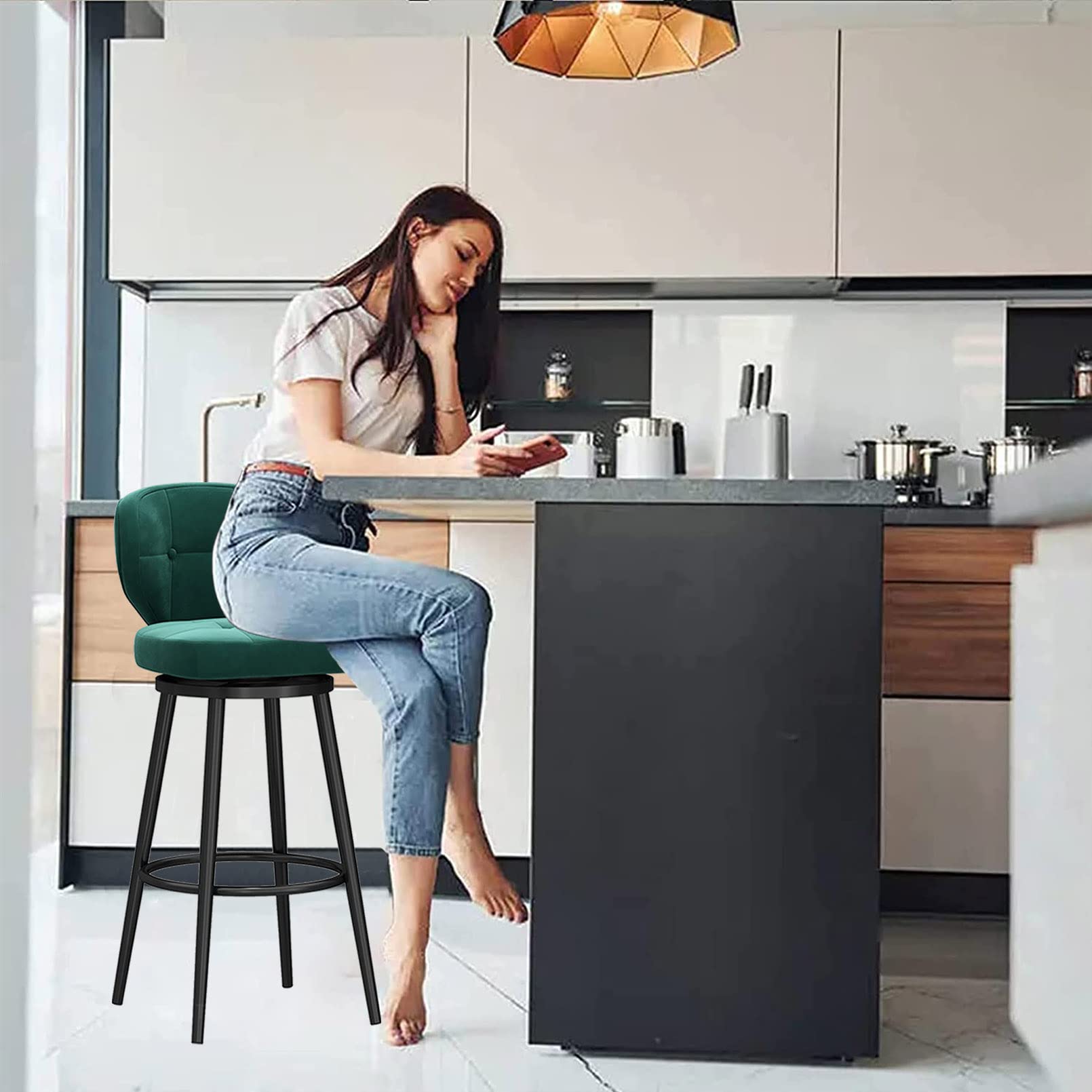 Ensemble de 2 tabourets de Bar pivotants Modernes en Velours Vert, Hauteur