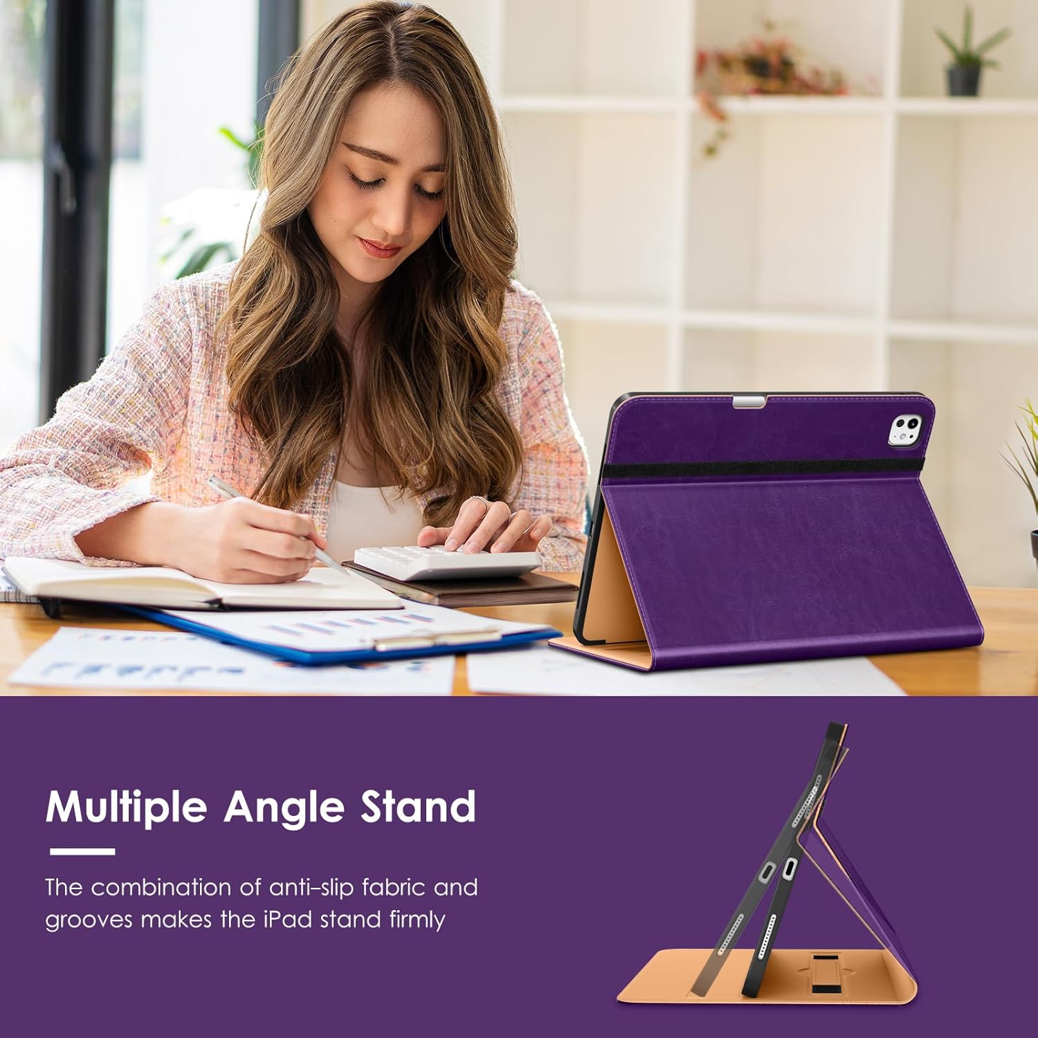 VIKESI Case for iPad Pro 13-inch M5 or M4 Released in 2025 or 2024, Leather Stand Cover with Apple Pencil Holder, Auto Wake/Sleep, Multiple Viewing Angles, Built in Hand Strap & Pocket,Dark Purple