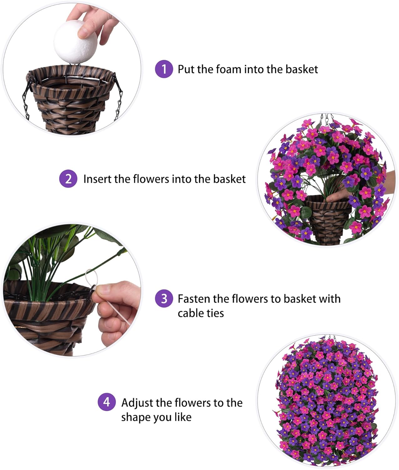 Artificial Fake Hanging Flowers with Basket for Outdoor Decoration,UV Resistant Faux Silk Daisy Flowers Dark Purple and Fuchsia Orchid Vines in Planter Realistic Hanging Baskets for Home Porch Garden