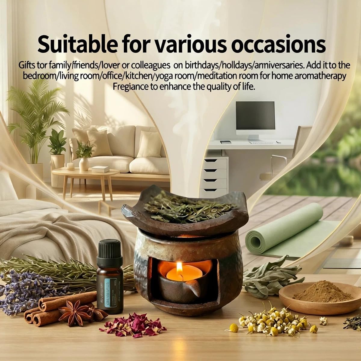 Zen Incense Burner Kit,Ceramic Aromatherapy Burner for Cedar Essential Oil Burner,Tea Light Teapot Warmer Candle Holder for Home Office Meditation Relaxation Decor