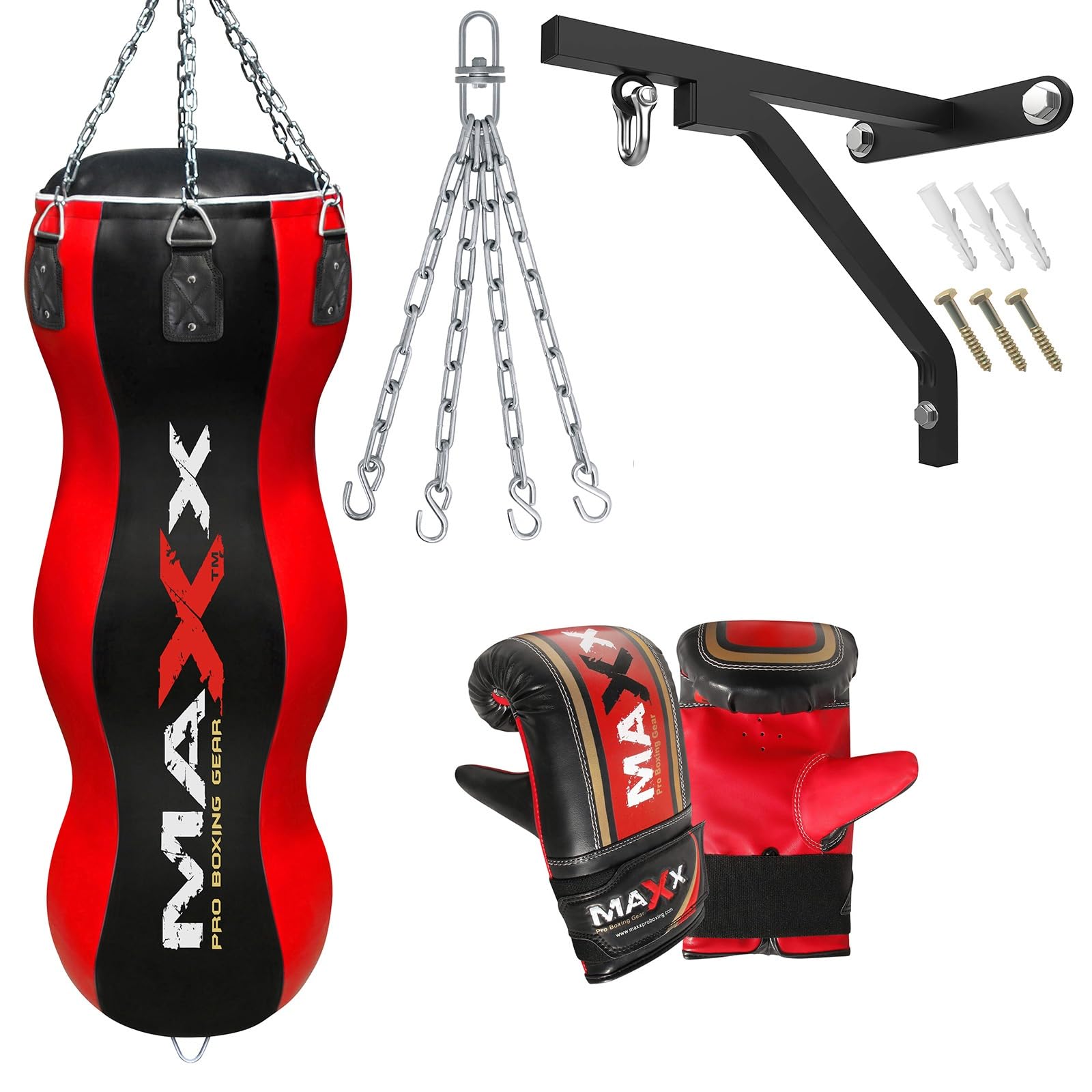 Maxx Black/Red Heavy Duty Punch Bags - Uppercut, Triple, Angle, Wrecking & More (Triple Bag, BAG WITH BRACKET+MITTS)