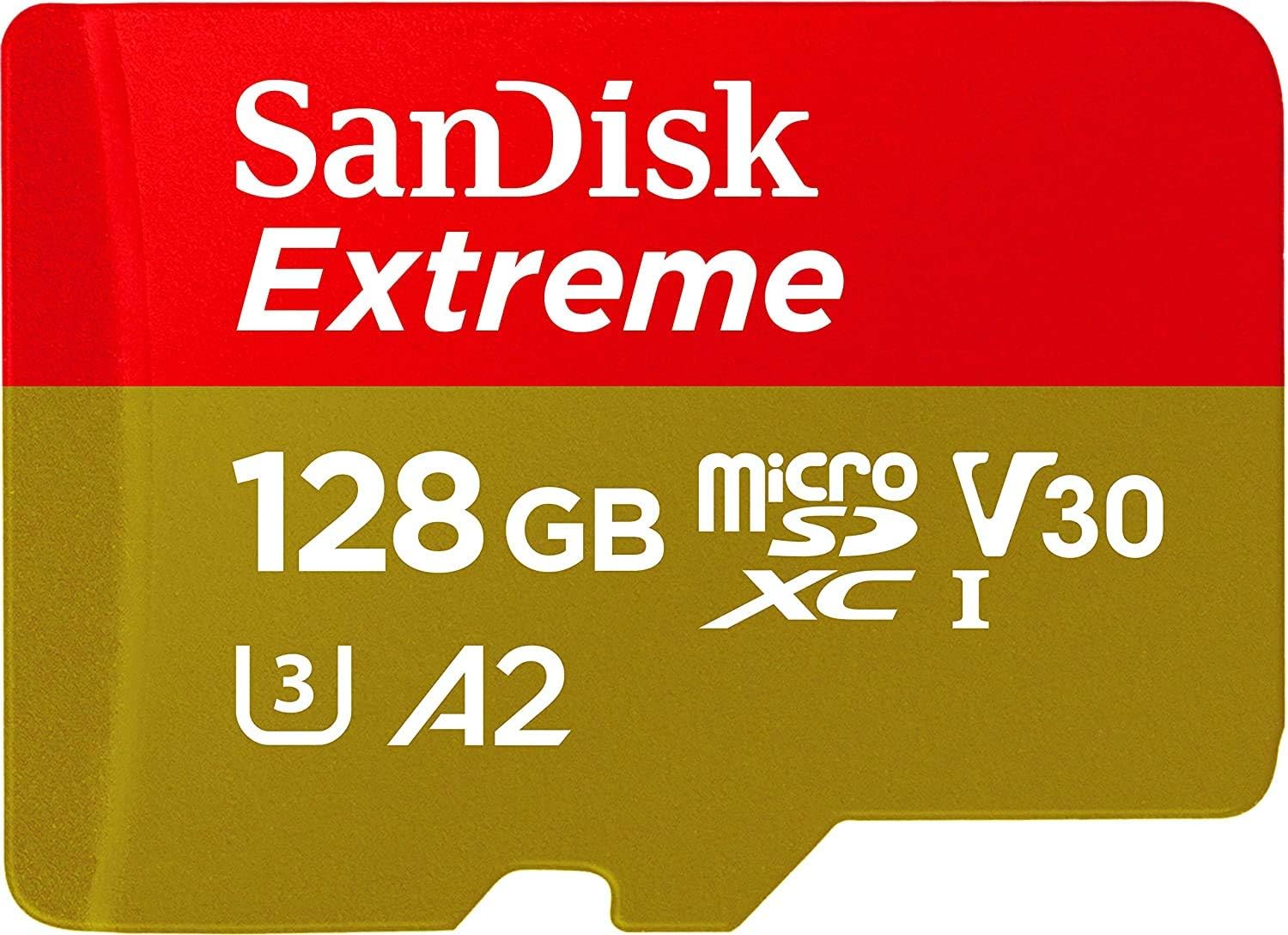 SanDisk Extreme microSDXC-Karte für mobiles Gaming 128 GB (Unterstützt mit A2 App Performance AAA/3D/VR-Spielgrafiken, 4K-UHD-Video, 160 MB/s Lesen, 90 MB/s Schreiben, Class 10, U3, V30)
