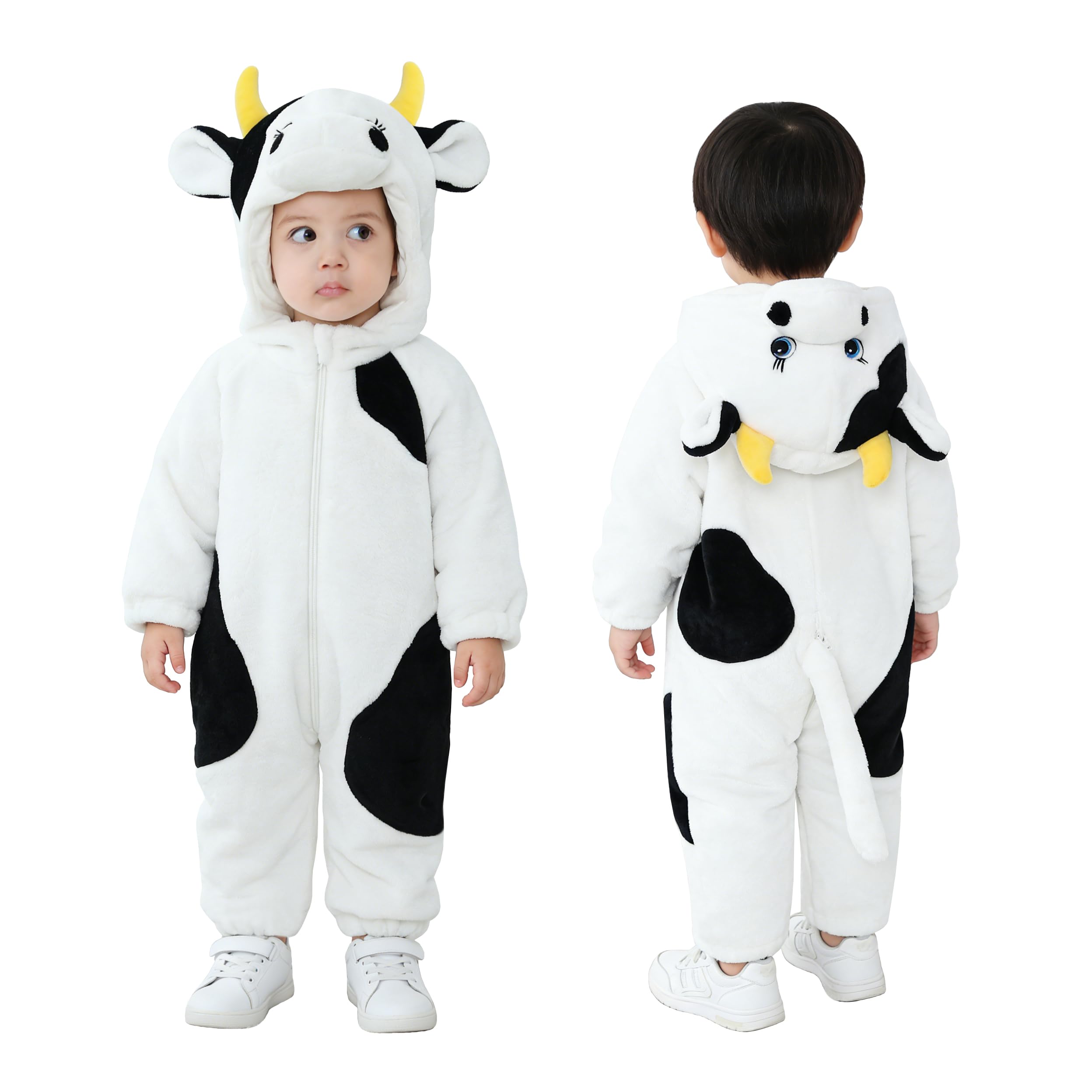 Doladola Baby's Hooded Onesie Cartoon Animal Romper Baby Loungewear Newborn Outfits Jumpsuit(3 Months, Cow)