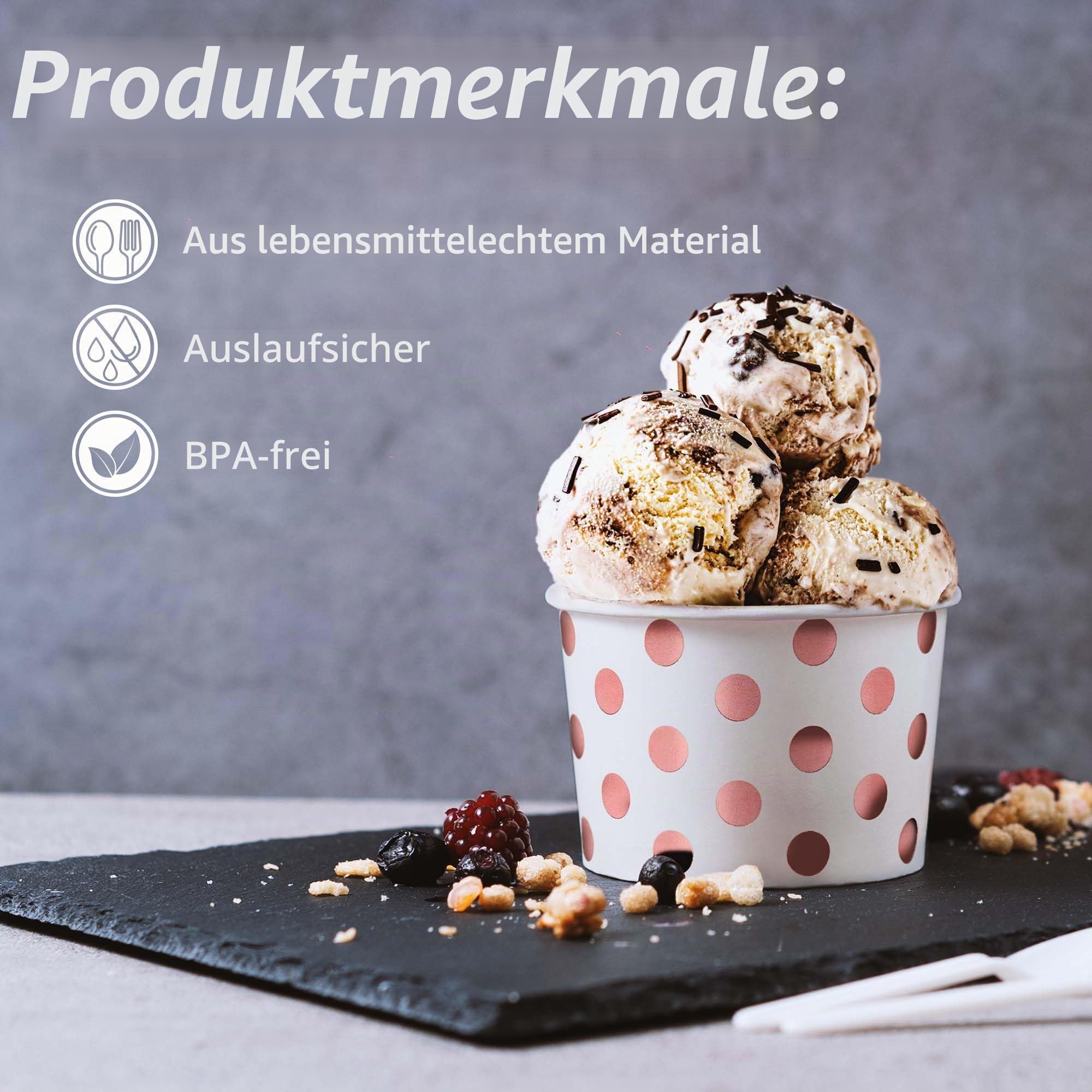 MATICAN Papp-Eisbecher, 50 Stück, 255 ml, Einweg-Dessertschalen für Heiß und Kalt, Roségold Folien-Punkte