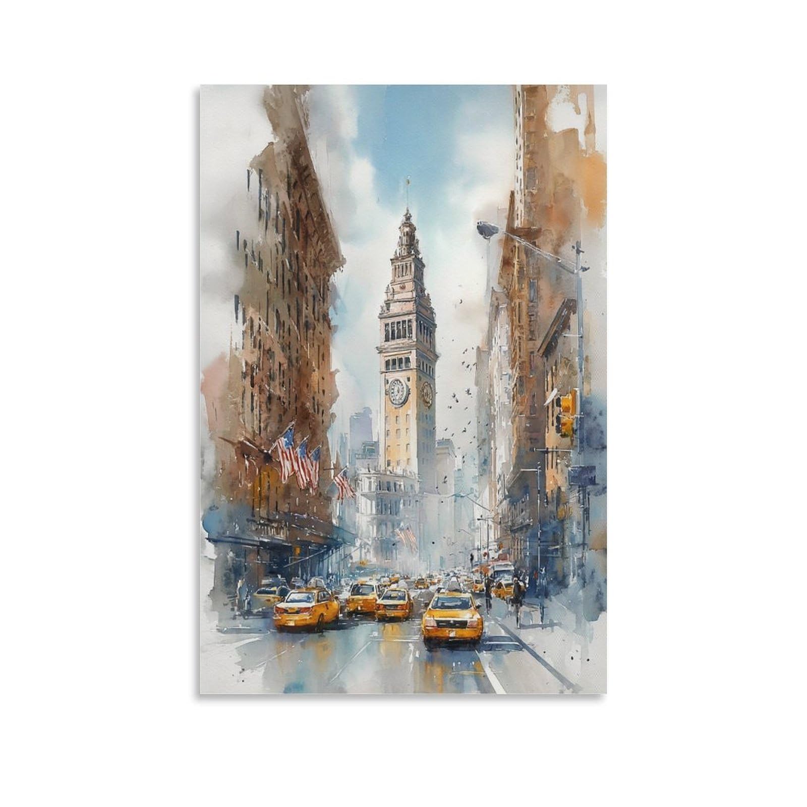 XWYMXZ New York Brooklyn Bridge 12x18inch(30x45cm) Vintage Travel Poster Watercolor Canvas Art