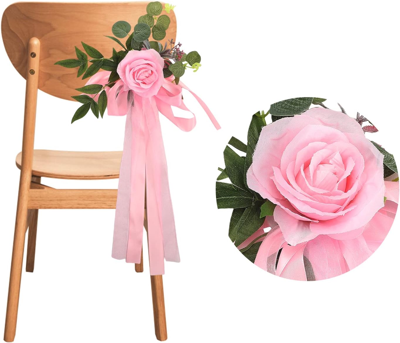 6PCS Wedding Aisle Chair Decorations, Rose Floral Wedding Chair Back Flowers With Leaves and Ribbons, Church Chair Bench Pew Decor for Ceremony (Pink)
