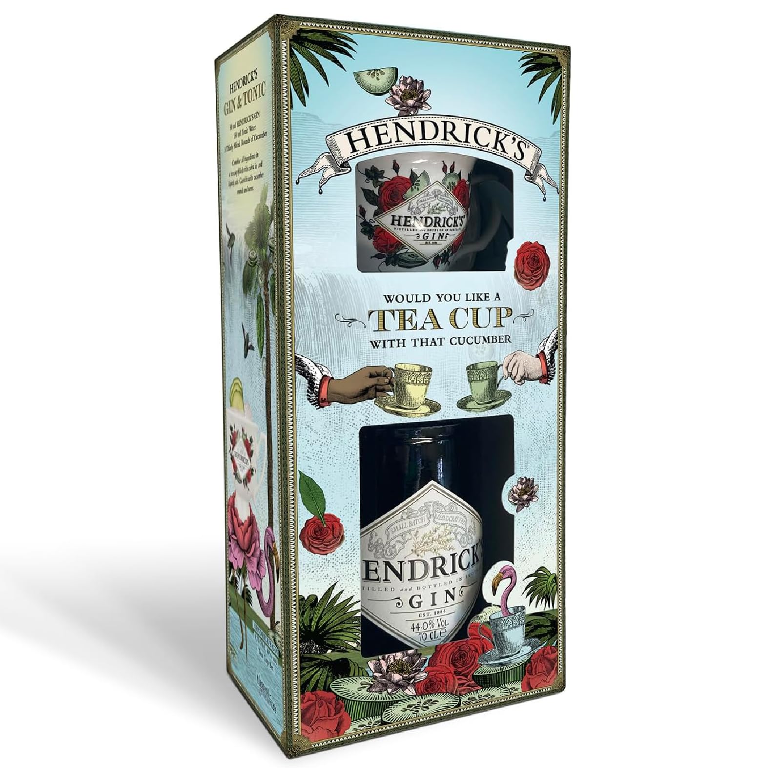 Hendrick’s Original Geschenkset, 70 cl – der kurios-köstliche Spirituose mit Rosen- und Gurkenessenzen | Geschenkset mit Teetasse und Untertasse für ungewöhnliche Gin & Tonics