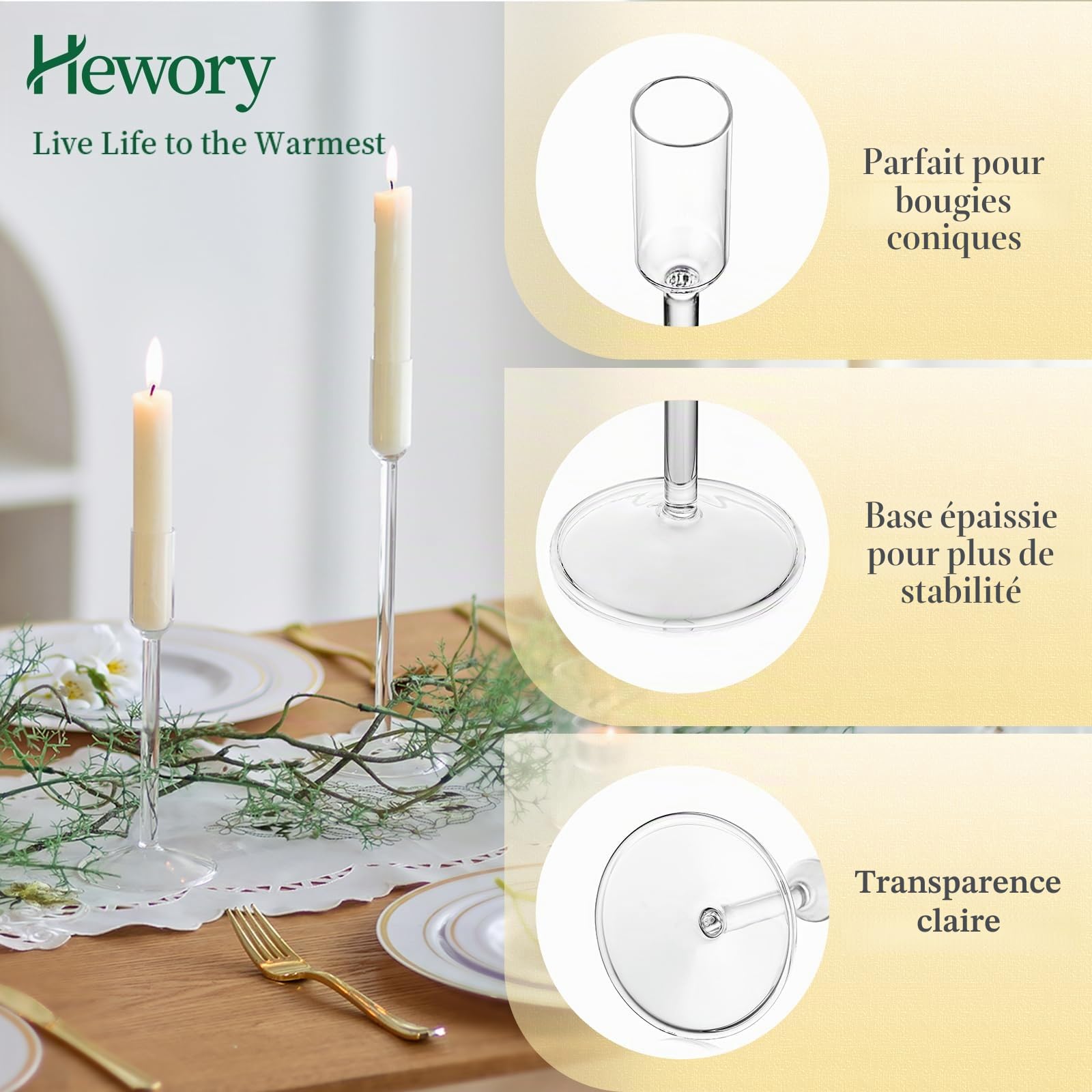 Porte-bougies Hewory - 12 pièces en verre transparent pour bougies effilées - Porte-bougies en verre pour pièces maîtresses de table - Décoration de mariage, fête, maison