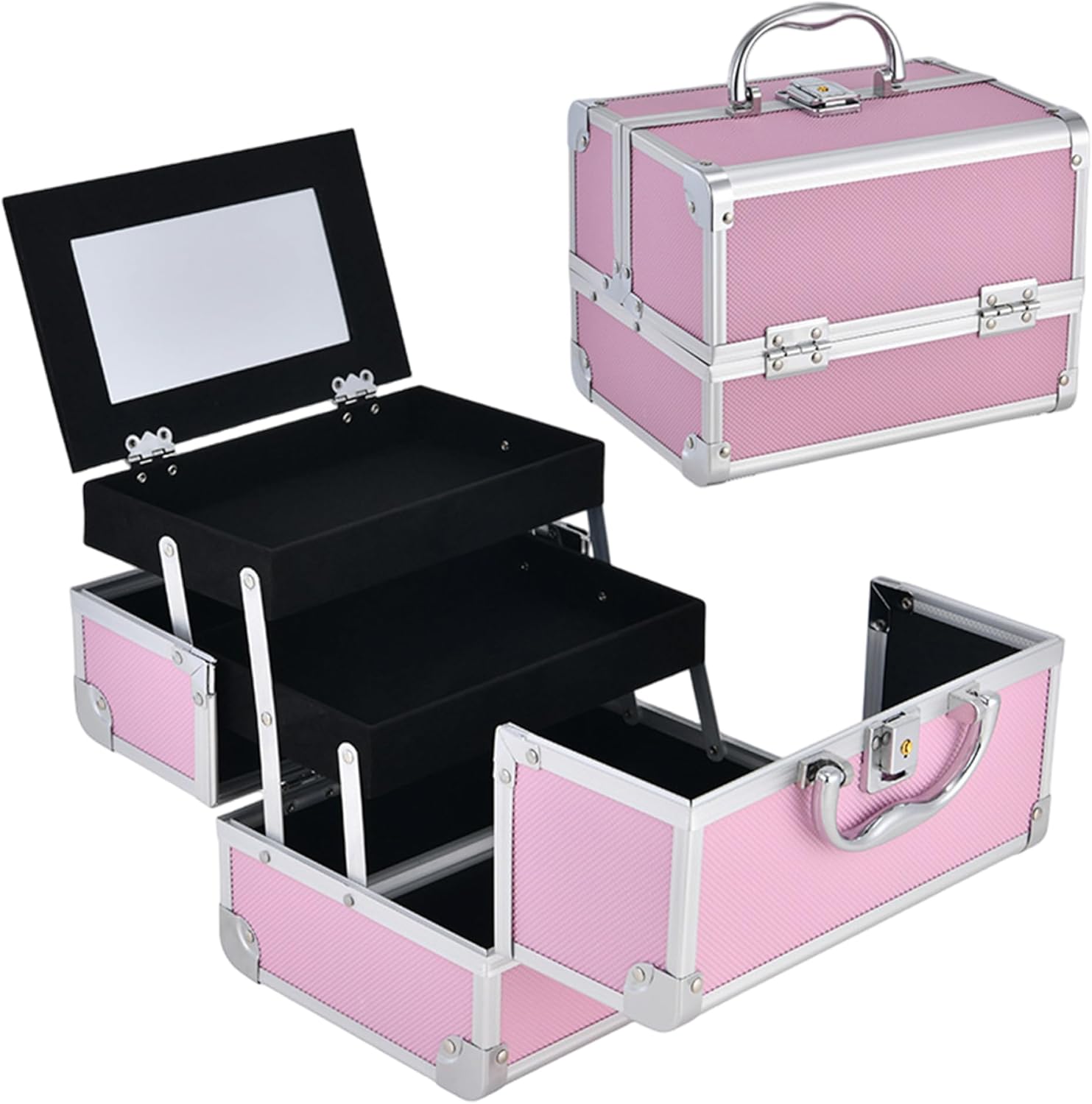 Makeup Box with Mirror 7x7x9 in 3-Layer Portable Extendable Makeup Case Organizer with Lock Protective Make up Storage for Travel Cosmetologist Holder