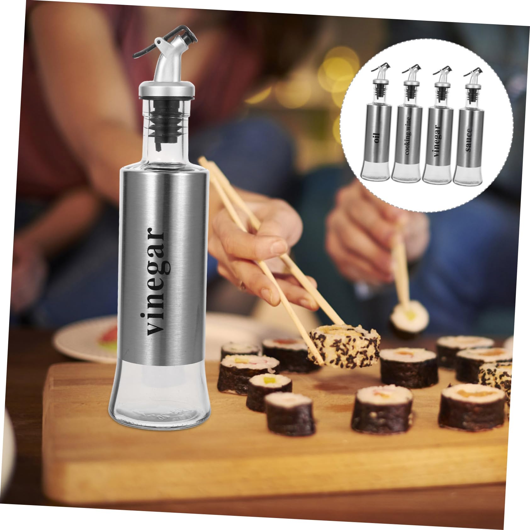 Dispensadoras de Aceite y Vinagre de Vidrio y Acero Inoxidable Juego de 4 Botellas Diseño Antigoteo Elegante 300ml para Restaurantes y Cocina