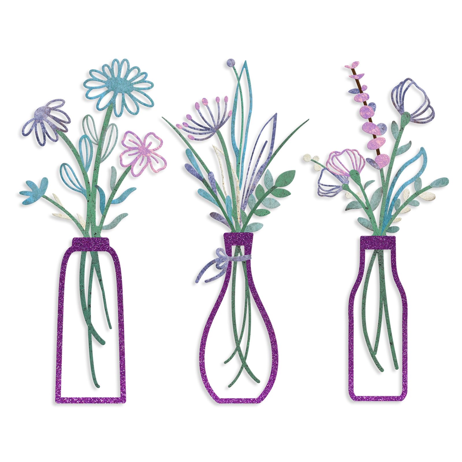 Pigort 3 Pieces Metal Flowers Wall Arts - Rustic Farmhouse Decor Purple Minimalist Flower Wall Decors for Living room Bathroom Bedroom Dining Room-Housewarming Gifts(Purple, Vase-C)