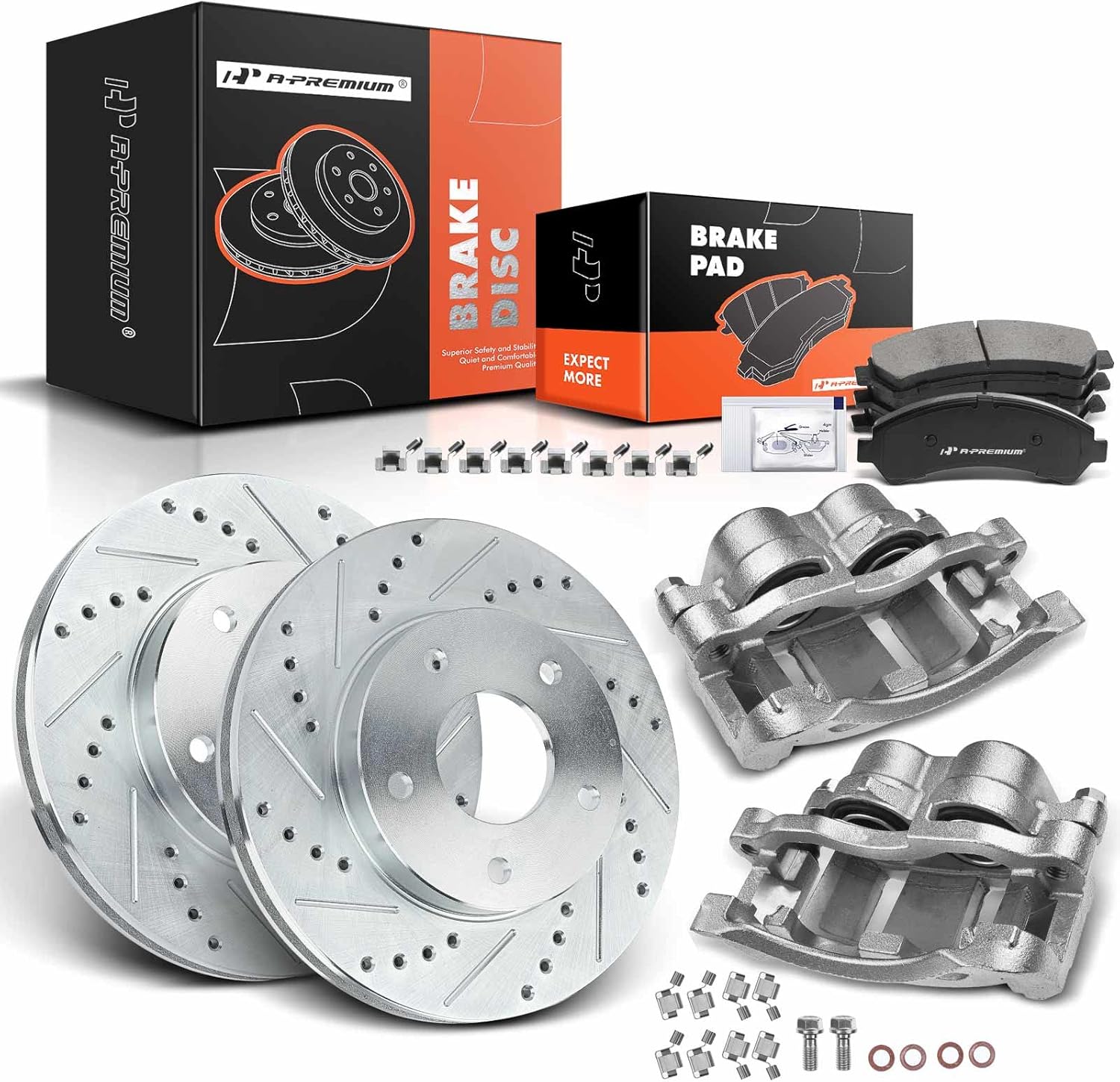 A-Premium Front Drilled and Slotted Disc Brake Rotors and Ceramic Pads Kit with Calipers Compatible with Chevrolet Blazer 1998-2005 S10 GMC Sonoma Jimmy Isuzu Hombre Oldsmobile Bravada 8-PC Set