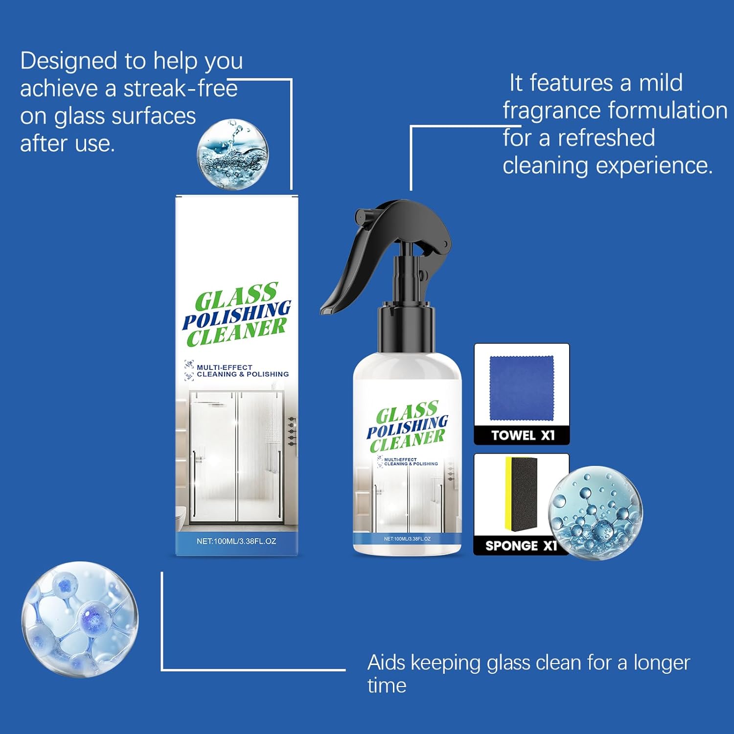 Multi-Surface Glass Cleaner Spray and Polish, Window Cleaner, Streak-free Gloss for Mirrors and Cars, Fast-Action Spray, Removes Fingerprints, Dirt, Dust and Water Spots (4Pcs)