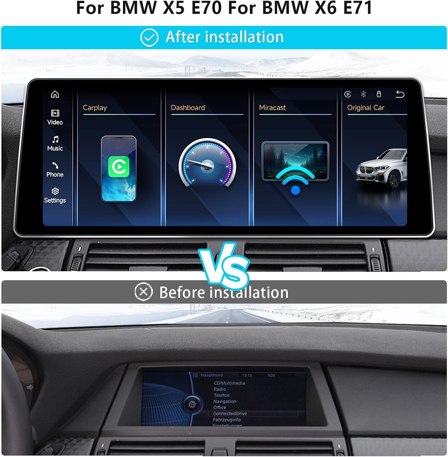 12.8" QLED Touchscreen Specifically for BMW X5 X6 E70 E71 2011-2013 CIC, Wireless CarPlay & Android Auto, Ultra Narrow Bezel Zinc Alloy Frame, 2400x900 Fast & Stable Linux System Upgrade